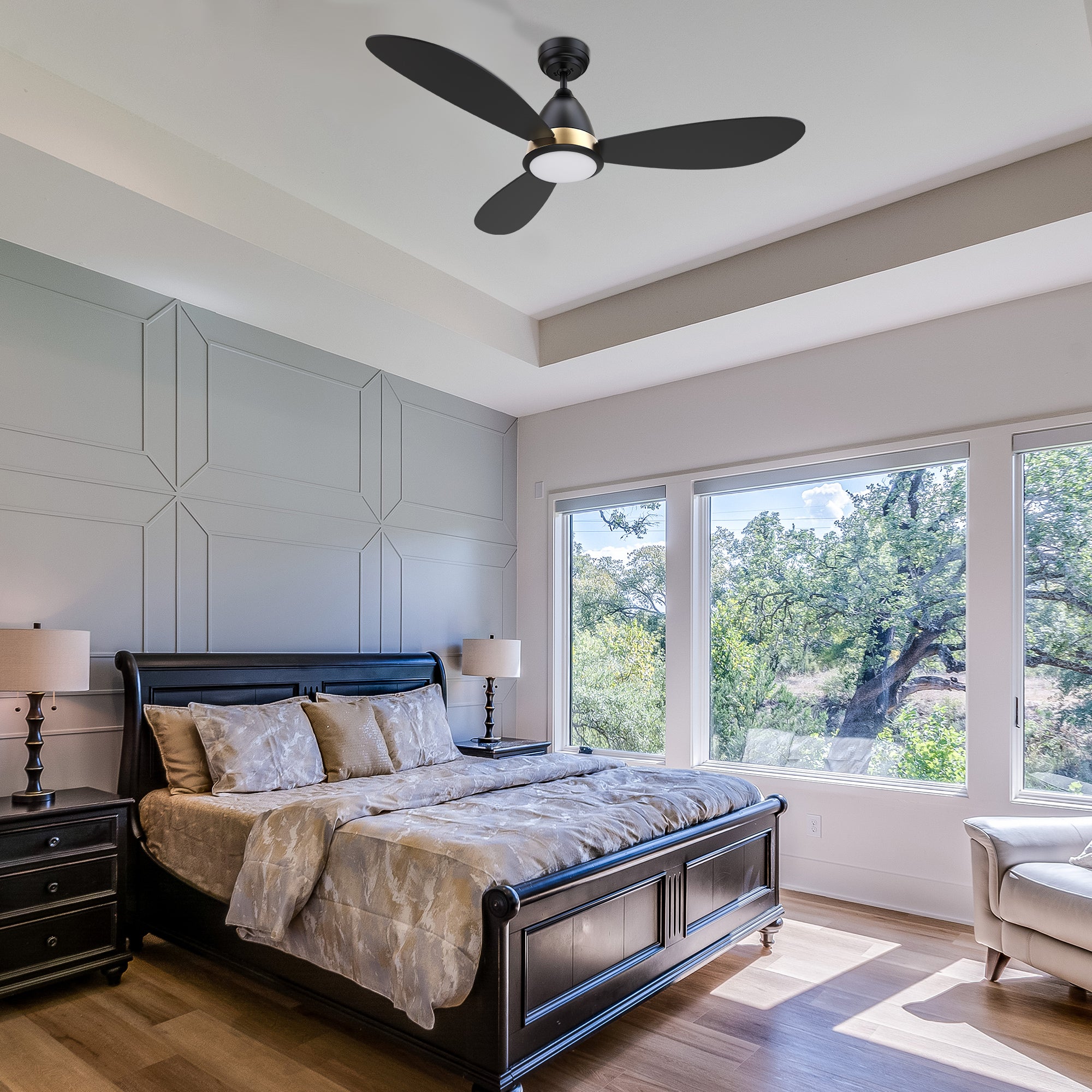 This Fayette 52&#39;&#39; smart ceiling fan keeps your space cool, bright, and stylish. It is a soft modern masterpiece perfect for your large indoor living spaces. This Wifi smart ceiling fan is a simplicity designing with black finish, use elegant Plywood blades and has an integrated 4K LED daylight. The fan features Remote control, Wi-Fi apps, Siri Shortcut and Voice command technology (compatible with Amazon Alexa and Google Home Assistant ) to set fan preferences.