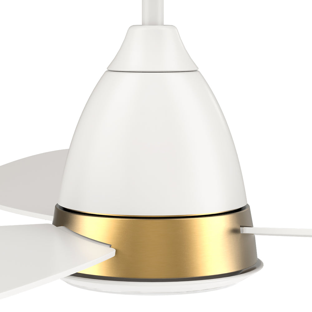 Close-up of Fayette 52 inch white smart outdoor ceiling fan with light and brass accent. 