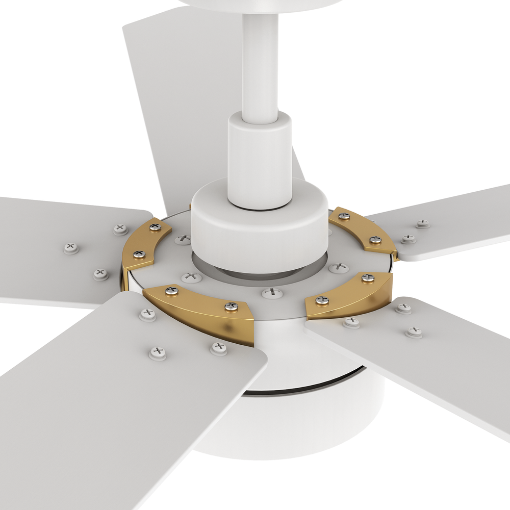 Close-up of Granby 52 inch white smart outdoor ceiling fan with light and gold accents. 