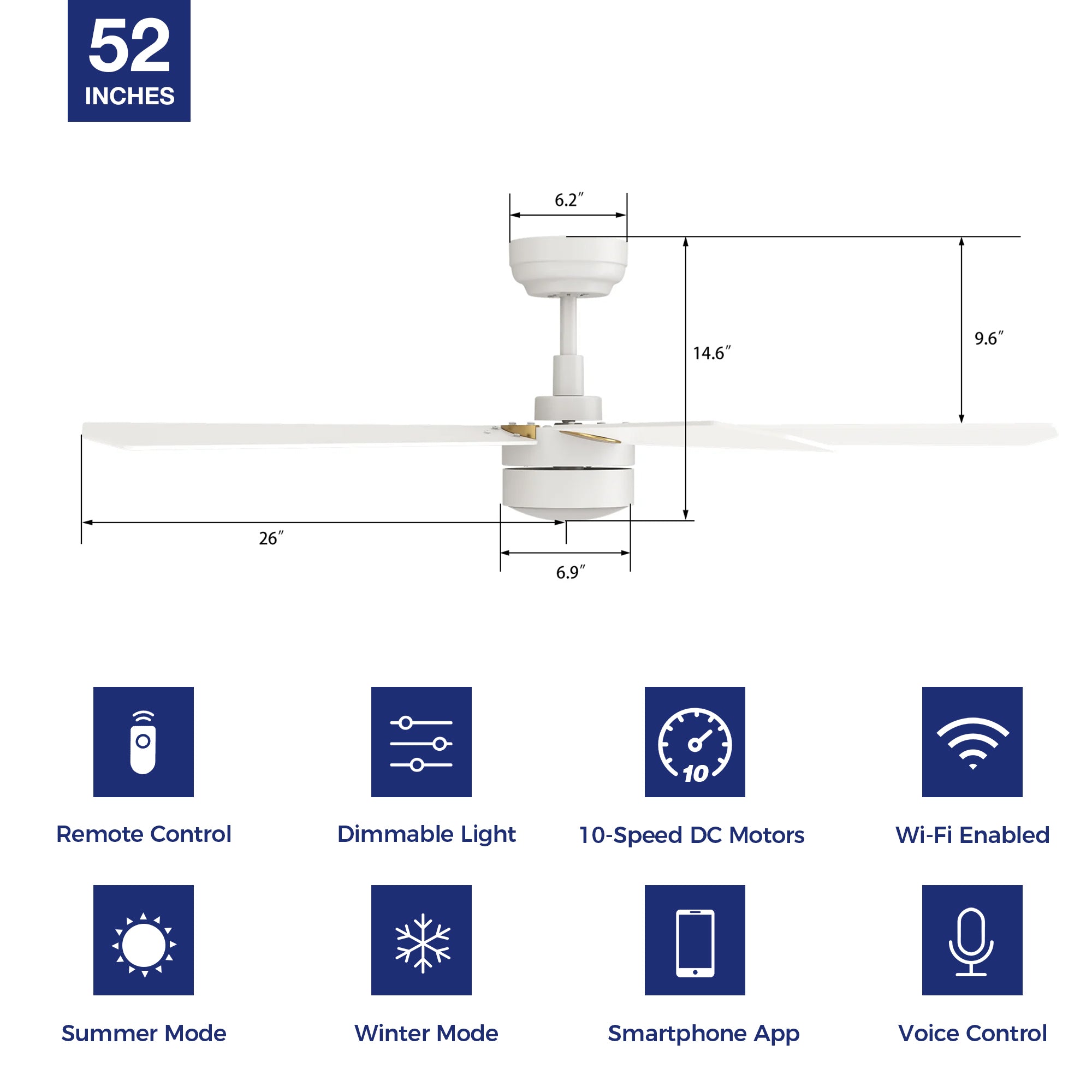 This Granby 52&#39;&#39; smart WiFi ceiling fan compatible with Wi-Fi apps and Voice control, via Google Assistant, Amazon Alexa and Siri Shortcut. Includes integrated LED light kit with warm light and day light, offers lower energy consumption and a longer life span. 
