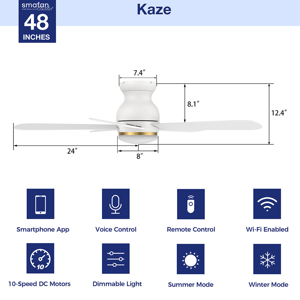 This Kaze 48&#39;&#39; smart WiFi ceiling fan compatible with Wi-Fi apps and Voice control, via Google Assistant, Amazon Alexa and Siri Shortcut. Includes integrated LED light kit with warm light and day light, offers lower energy consumption and a longer life span. 