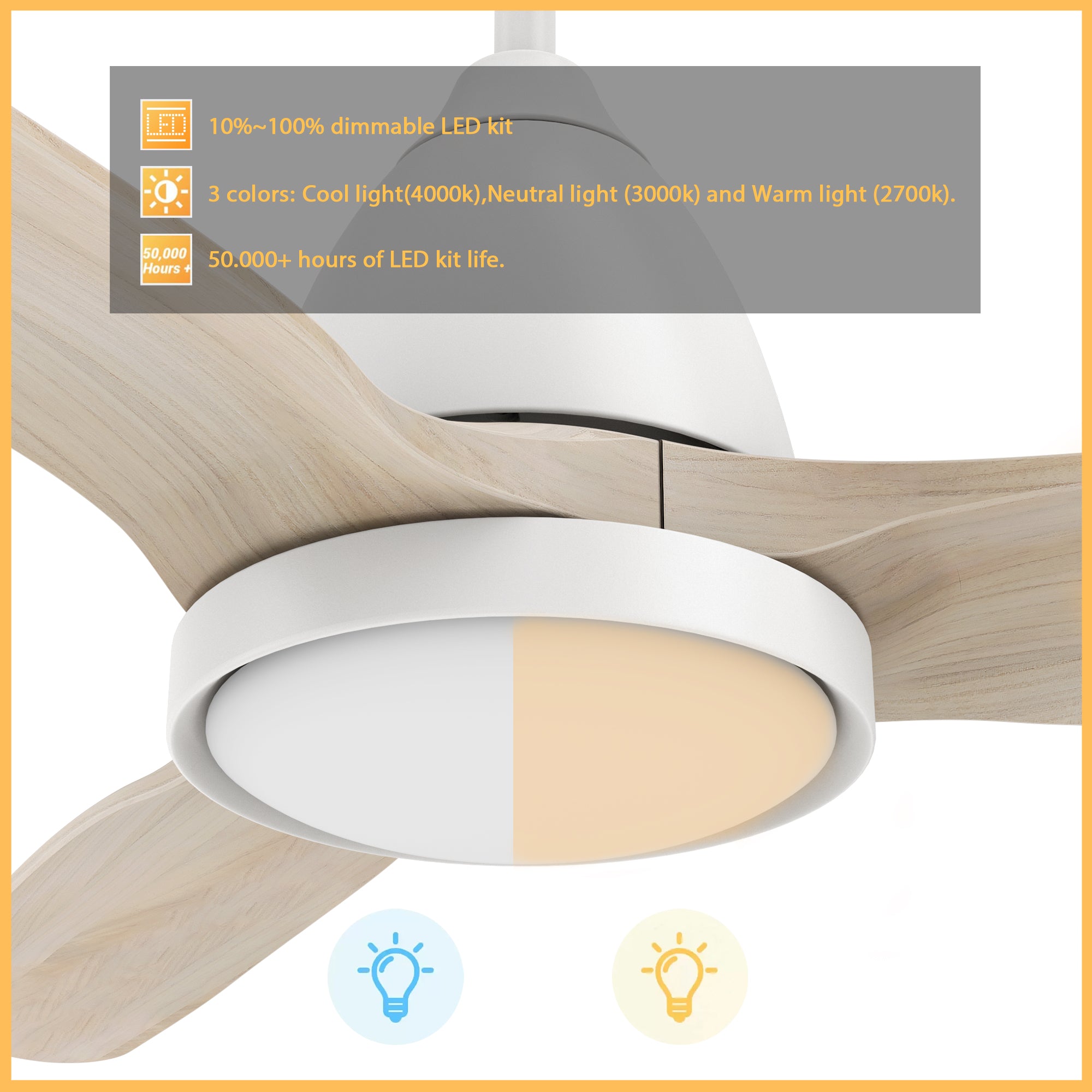 This Koa 52'' smart ceiling fan keeps your space cool, bright, and stylish. It is a soft modern masterpiece perfect for your large indoor living spaces. The fan features Remote control, Wi-Fi apps, Siri Shortcut and Voice control technology (compatible with Amazon Alexa and Google Home Assistant ) to set fan preferences. #color_Light-Wood