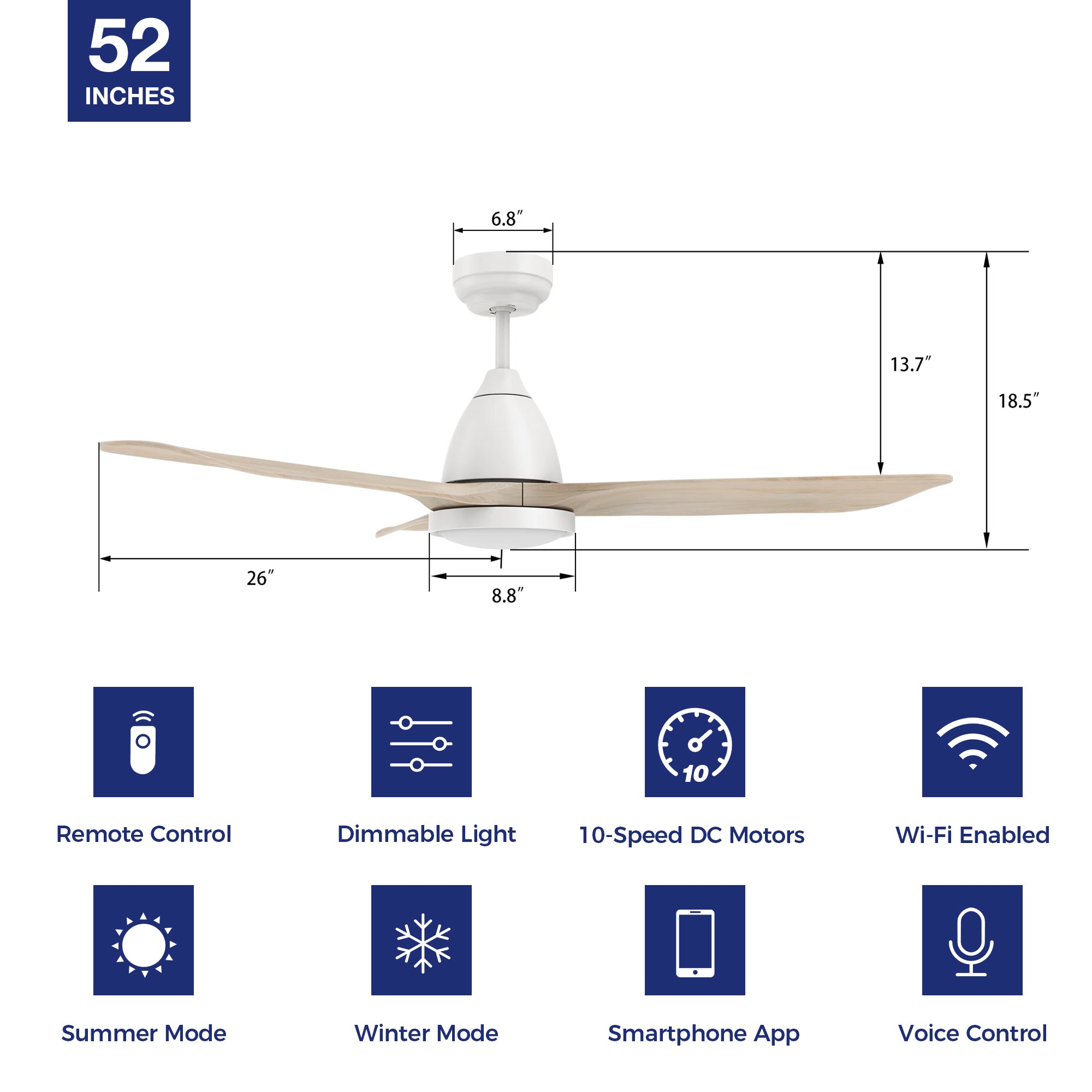This Koa 52&#39;&#39; smart ceiling fan keeps your space cool, bright, and stylish. It is a soft modern masterpiece perfect for your large indoor living spaces. The fan features Remote control, Wi-Fi apps, Siri Shortcut and Voice control technology (compatible with Amazon Alexa and Google Home Assistant ) to set fan preferences. 