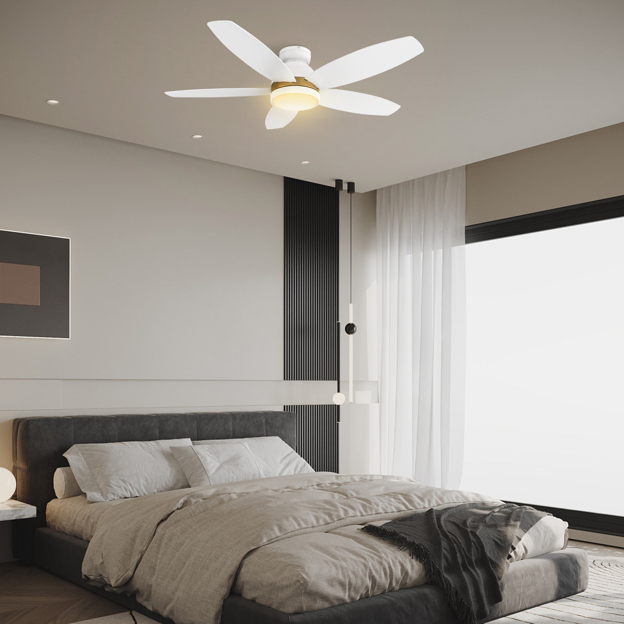 This Levi 48'' smart ceiling fan keeps your space cool, bright, and stylish. It is a soft modern masterpiece perfect for your large indoor living spaces. The fan features Remote control, Wi-Fi apps, Siri Shortcut and Voice control technology (compatible with Amazon Alexa and Google Home Assistant ) to set fan preferences. #color_white