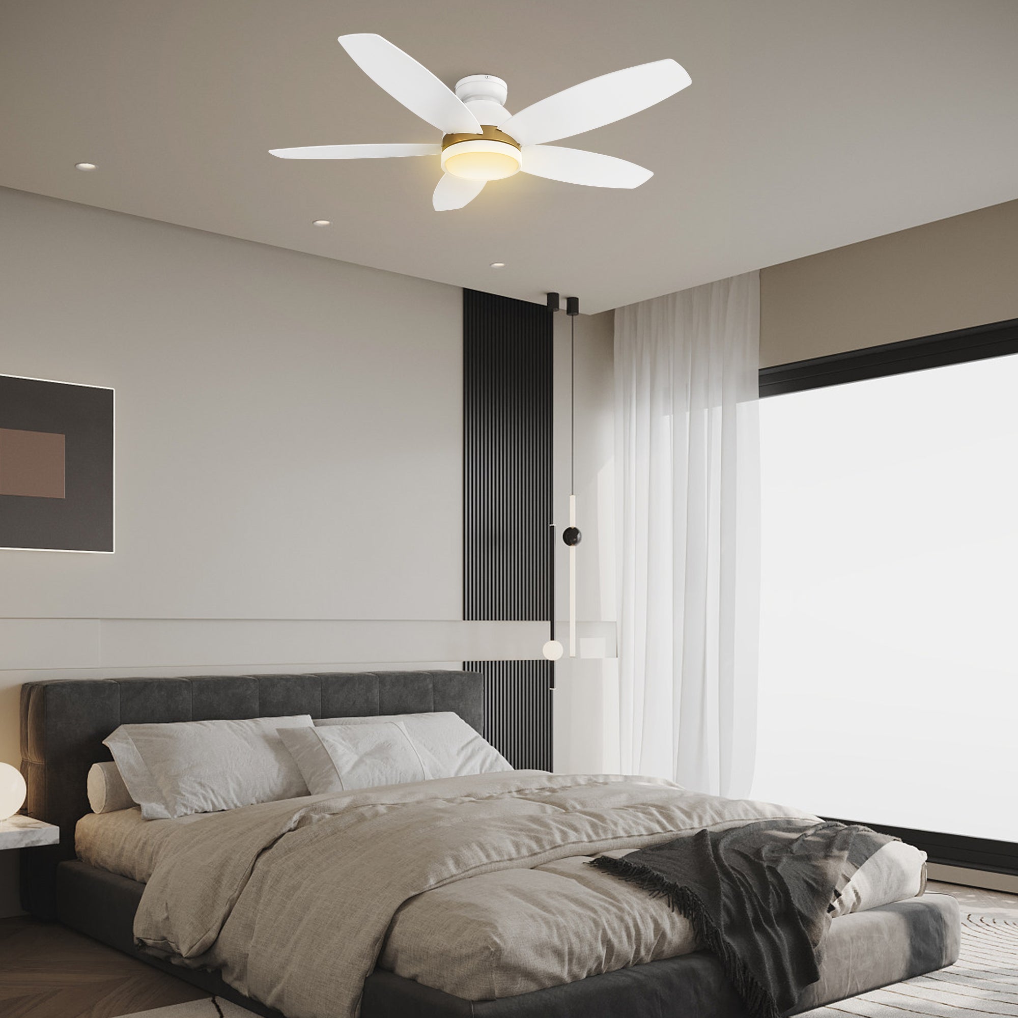 This Levi 48&#39;&#39; smart ceiling fan keeps your space cool, bright, and stylish. It is a soft modern masterpiece perfect for your large indoor living spaces. The fan features Remote control, Wi-Fi apps, Siri Shortcut and Voice control technology (compatible with Amazon Alexa and Google Home Assistant ) to set fan preferences. 