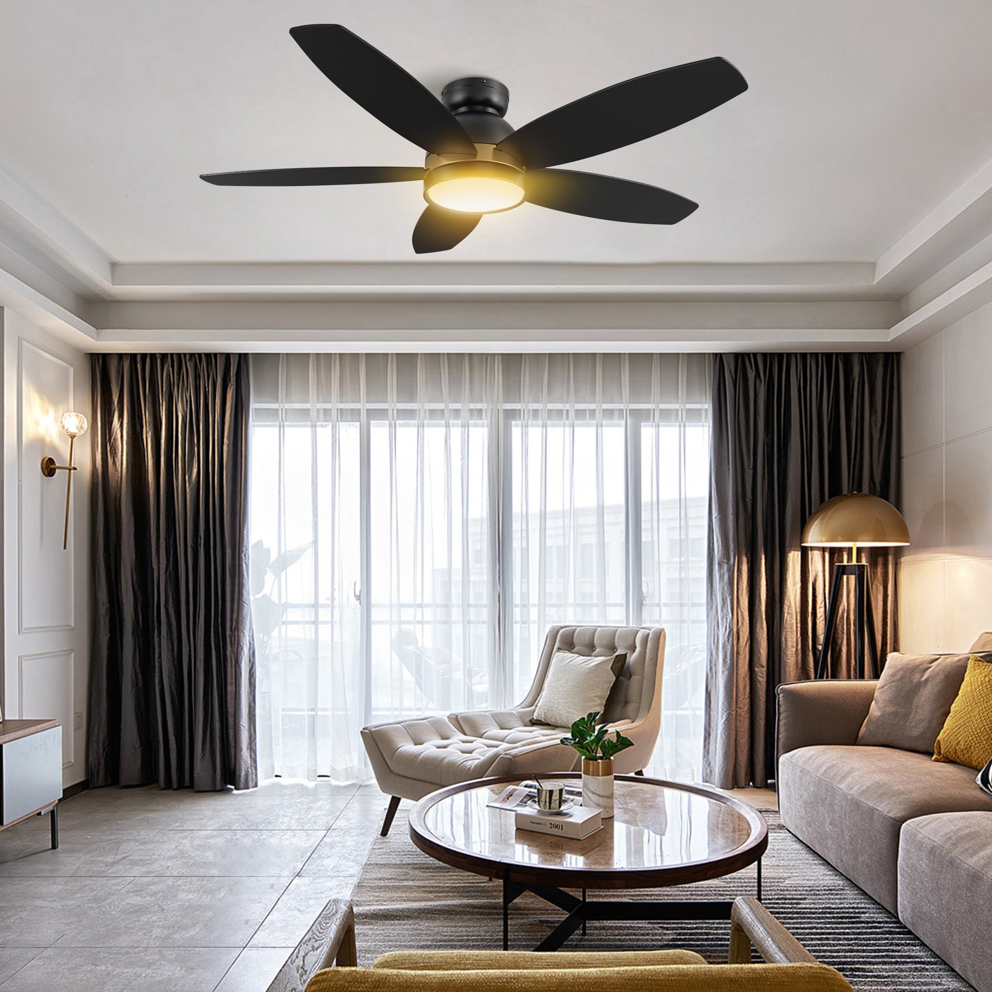 This Levi 48'' smart ceiling fan keeps your space cool, bright, and stylish. It is a soft modern masterpiece perfect for your large indoor living spaces. The fan features Remote control, Wi-Fi apps, Siri Shortcut and Voice control technology (compatible with Amazon Alexa and Google Home Assistant ) to set fan preferences. #color_black