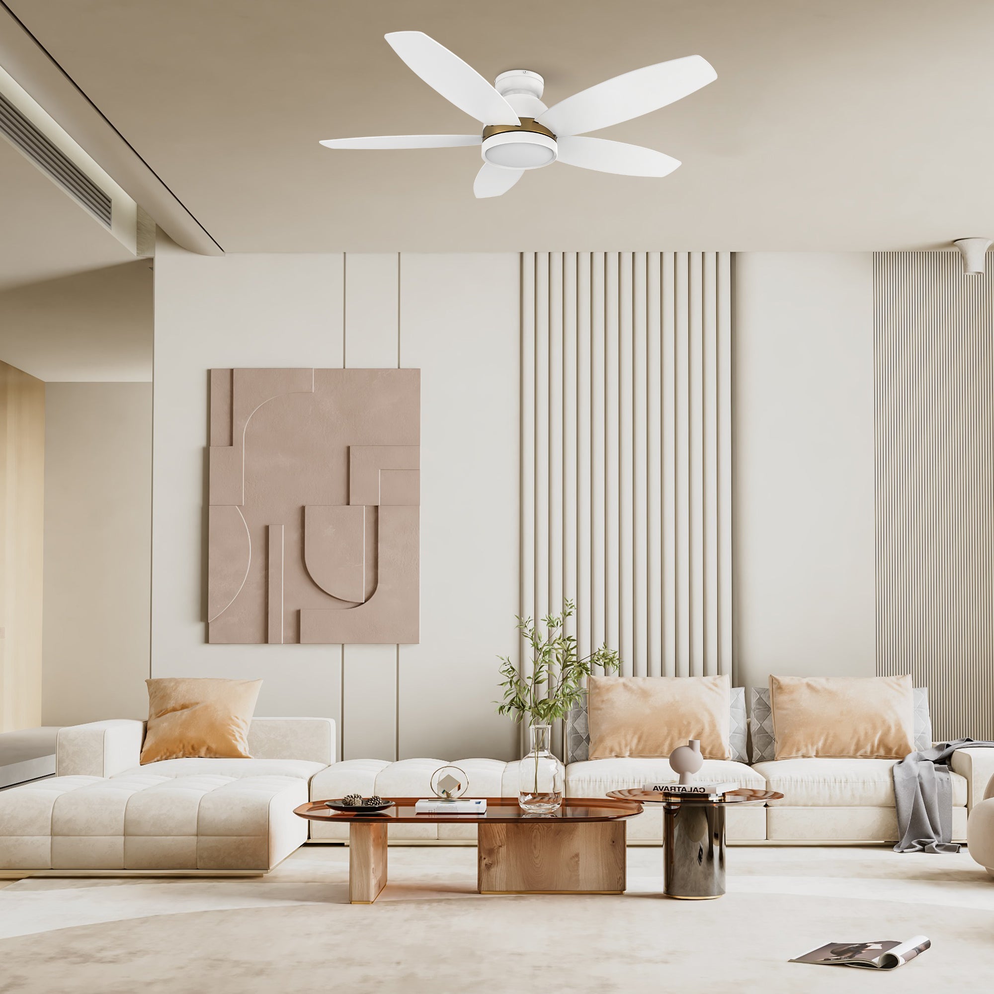 This Levi 48'' smart ceiling fan keeps your space cool, bright, and stylish. It is a soft modern masterpiece perfect for your large indoor living spaces. The fan features Remote control, Wi-Fi apps, Siri Shortcut and Voice control technology (compatible with Amazon Alexa and Google Home Assistant ) to set fan preferences. #color_White