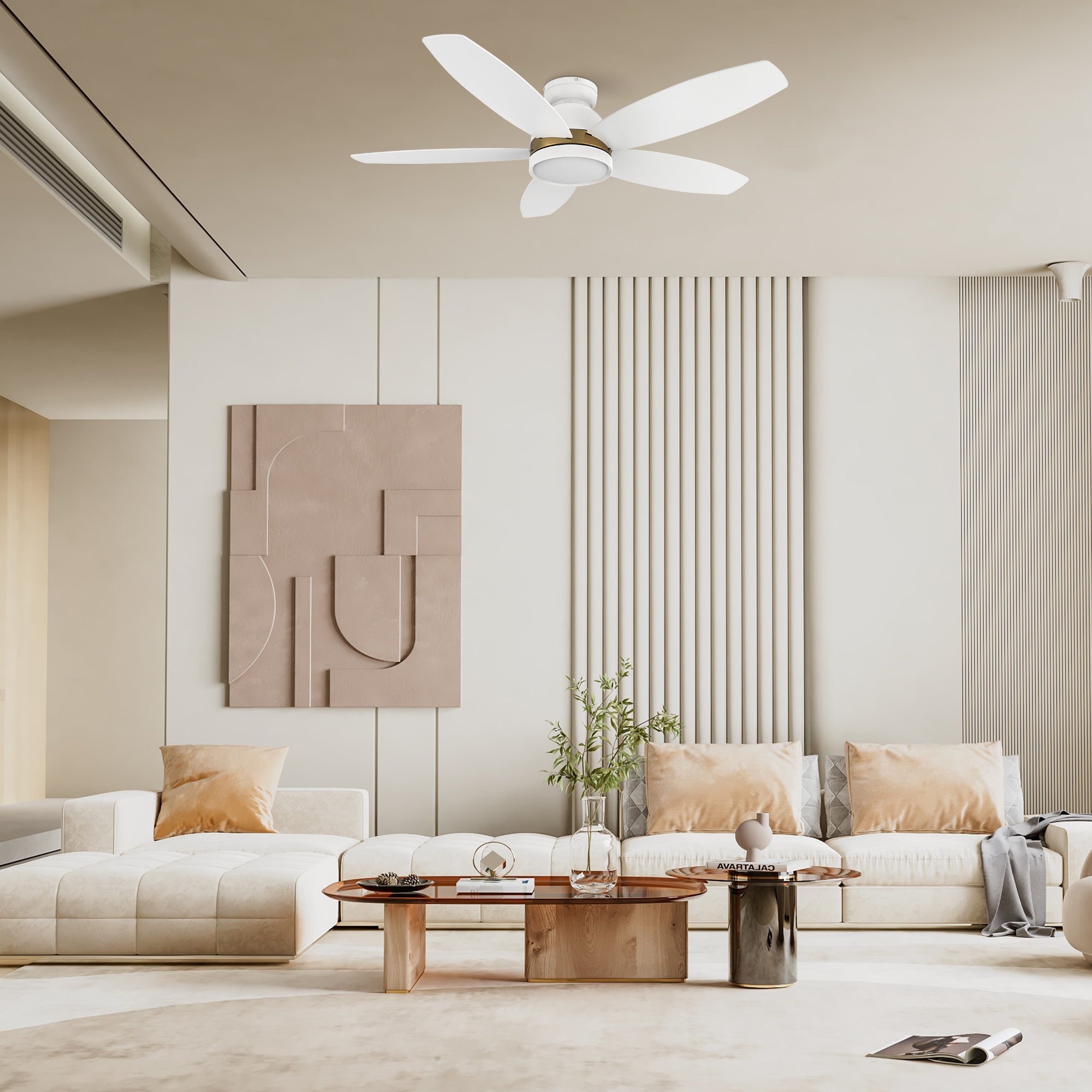 This Levi 48'' smart ceiling fan keeps your space cool, bright, and stylish. It is a soft modern masterpiece perfect for your large indoor living spaces. The fan features Remote control, Wi-Fi apps, Siri Shortcut and Voice control technology (compatible with Amazon Alexa and Google Home Assistant ) to set fan preferences. #color_white