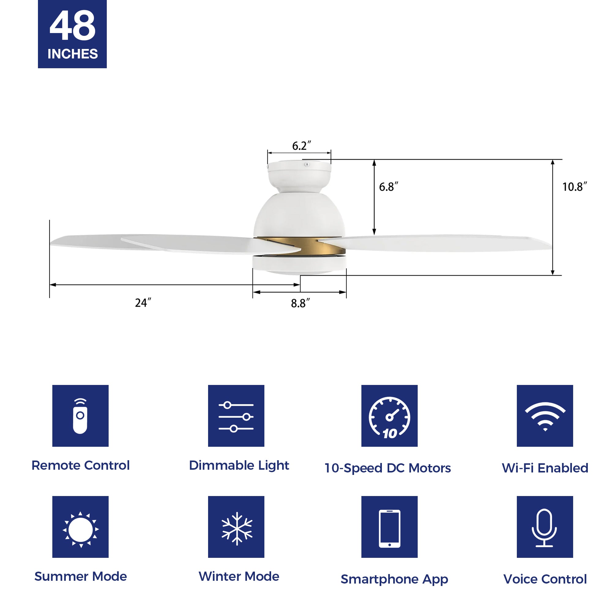 This Levi 48'' smart ceiling fan keeps your space cool, bright, and stylish. It is a soft modern masterpiece perfect for your large indoor living spaces. The fan features Remote control, Wi-Fi apps, Siri Shortcut and Voice control technology (compatible with Amazon Alexa and Google Home Assistant ) to set fan preferences. #color_white