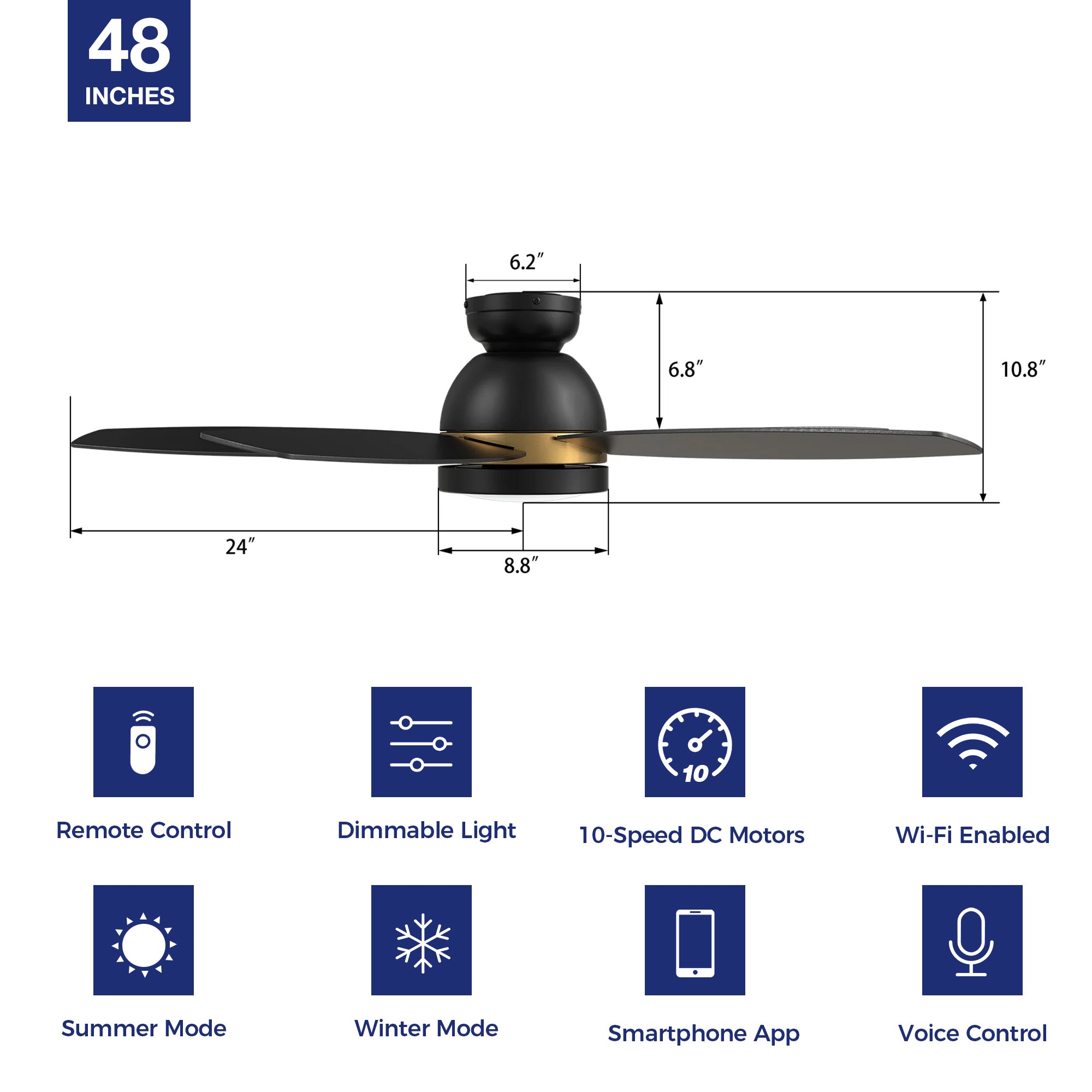 This Levi 48'' smart ceiling fan keeps your space cool, bright, and stylish. It is a soft modern masterpiece perfect for your large indoor living spaces. The fan features Remote control, Wi-Fi apps, Siri Shortcut and Voice control technology (compatible with Amazon Alexa and Google Home Assistant ) to set fan preferences. #color_black