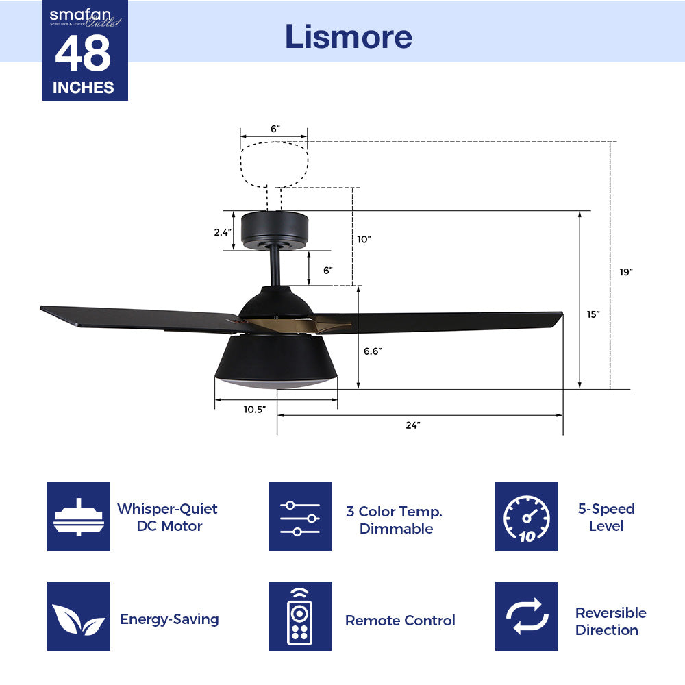 This Smafan Lismore 48" Ceiling Fan designed with long squared blades in a black finish, elegant gold accents, and a flushed light cover, the Smafan Lismore 48” ceiling fan is sure to elevate any room in your home. 