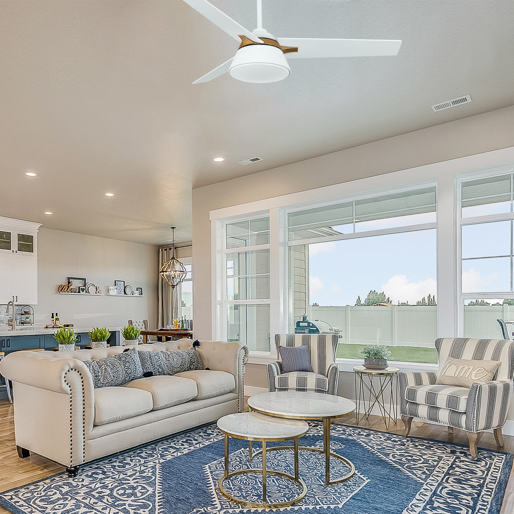 This Smafan Lismore 48" Ceiling Fan designed with long squared blades in a black finish, elegant gold accents, and a flushed light cover, the Smafan Lismore 48” ceiling fan is sure to elevate any room in your home. 