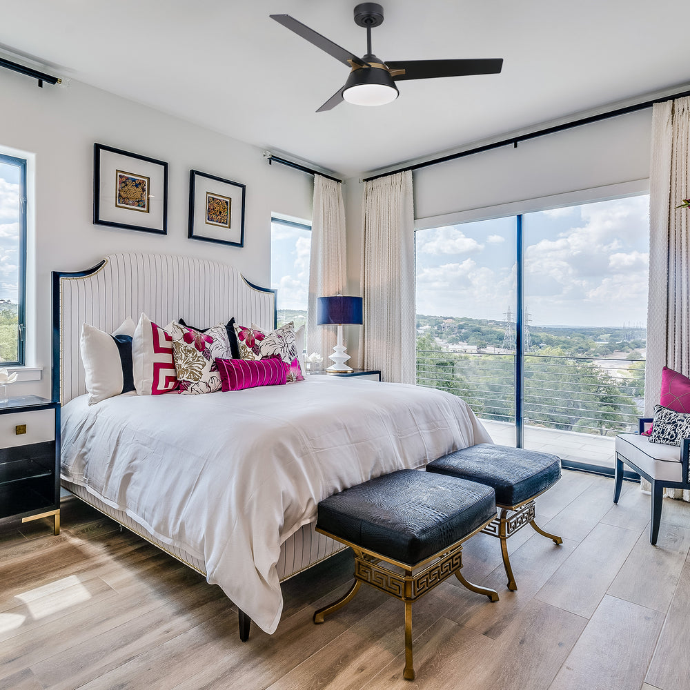 This Smafan Lismore 48" Ceiling Fan designed with long squared blades in a black finish, elegant gold accents, and a flushed light cover, the Smafan Lismore 48” ceiling fan is sure to elevate any room in your home. 
