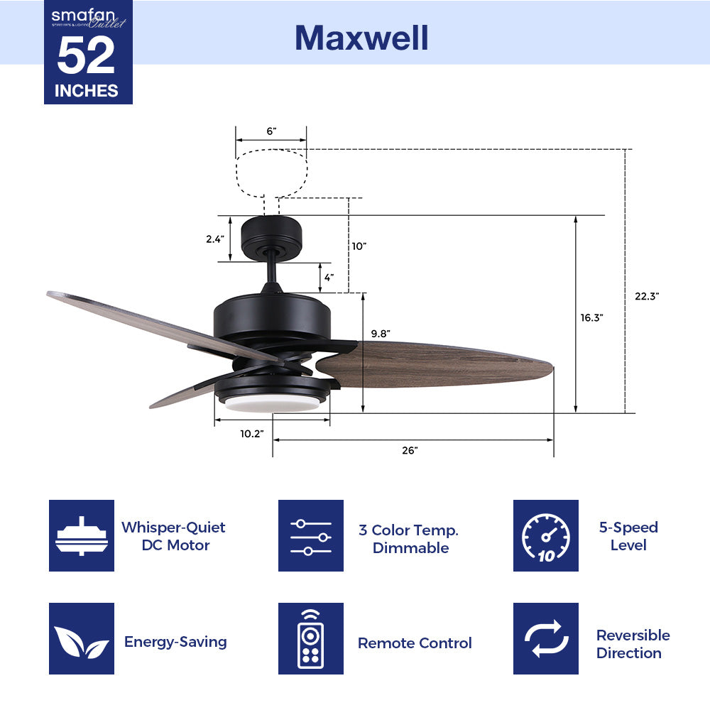 The Maxwell 52” ceiling fan has arrived to make all other traditional ceiling fans obsolete. The fan features a stylish exterior to add a touch of grace to your indoor home and an advanced interior to deliver optimal cooling and lighting. 