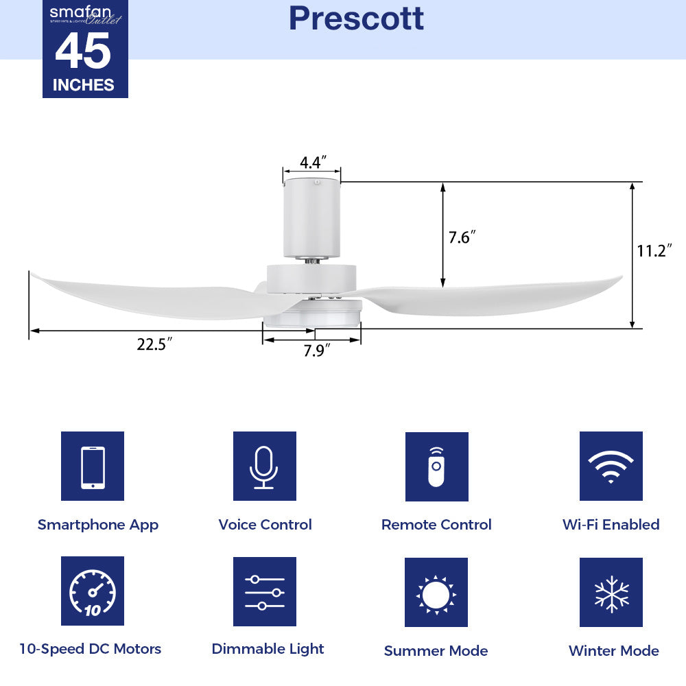 Designed to cool and light even the smallest of spaces, the Smafan Prescott 36” smart ceiling fan is created with revolutionary motor and lighting technology for a remarkable performance. The Prescott features a crisp and white finish with elegant blades and modern accents to perfectly complement the décor of your preference.