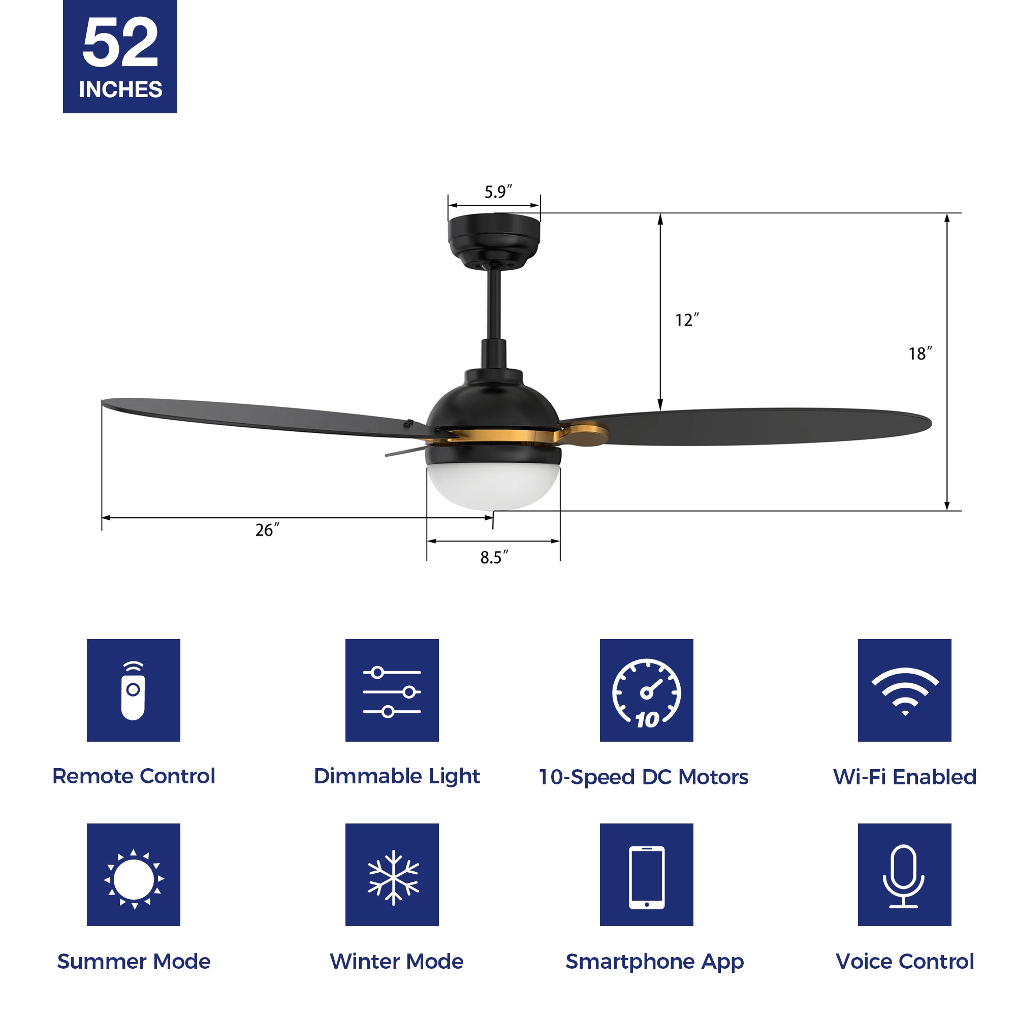 This Raddix 52&#39;&#39; smart ceiling fan keeps your space cool, bright, and stylish. It is a soft modern masterpiece perfect for your large indoor living spaces. This Wifi smart ceiling fan is a simplicity designing with Black finish, use elegant Plywood blades and has an integrated 4000K LED cool light. The fan features Remote control, Wi-Fi apps, Siri Shortcut and Voice control technology (compatible with Amazon Alexa and Google Home Assistant ) to set fan preferences.