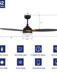 This Raddix 52'' smart ceiling fan keeps your space cool, bright, and stylish. It is a soft modern masterpiece perfect for your large indoor living spaces. This Wifi smart ceiling fan is a simplicity designing with Black finish, use elegant Plywood blades and has an integrated 4000K LED cool light. The fan features Remote control, Wi-Fi apps, Siri Shortcut and Voice control technology (compatible with Amazon Alexa and Google Home Assistant ) to set fan preferences.