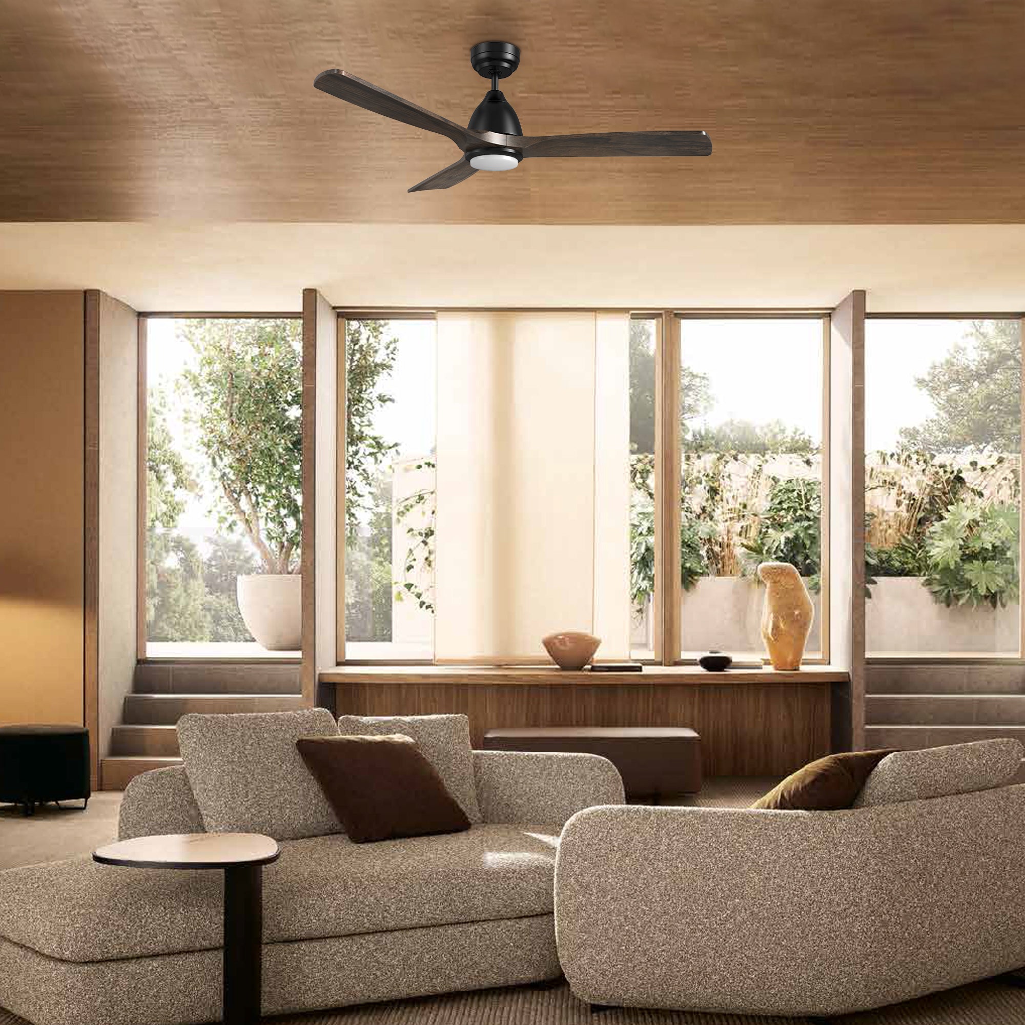This Sawyer 48&#39;&#39; smart ceiling fan keeps your space cool, bright, and stylish. It is a soft modern masterpiece perfect for your large indoor living spaces. This Wifi smart ceiling fan is a simplicity designing with Black finish, use elegant Solid Wood blades and has an integrated 4000K LED daylight. The fan features Remote control, Wi-Fi apps, Siri Shortcut and Voice control technology (compatible with Amazon Alexa and Google Home Assistant ) to set fan preferences.