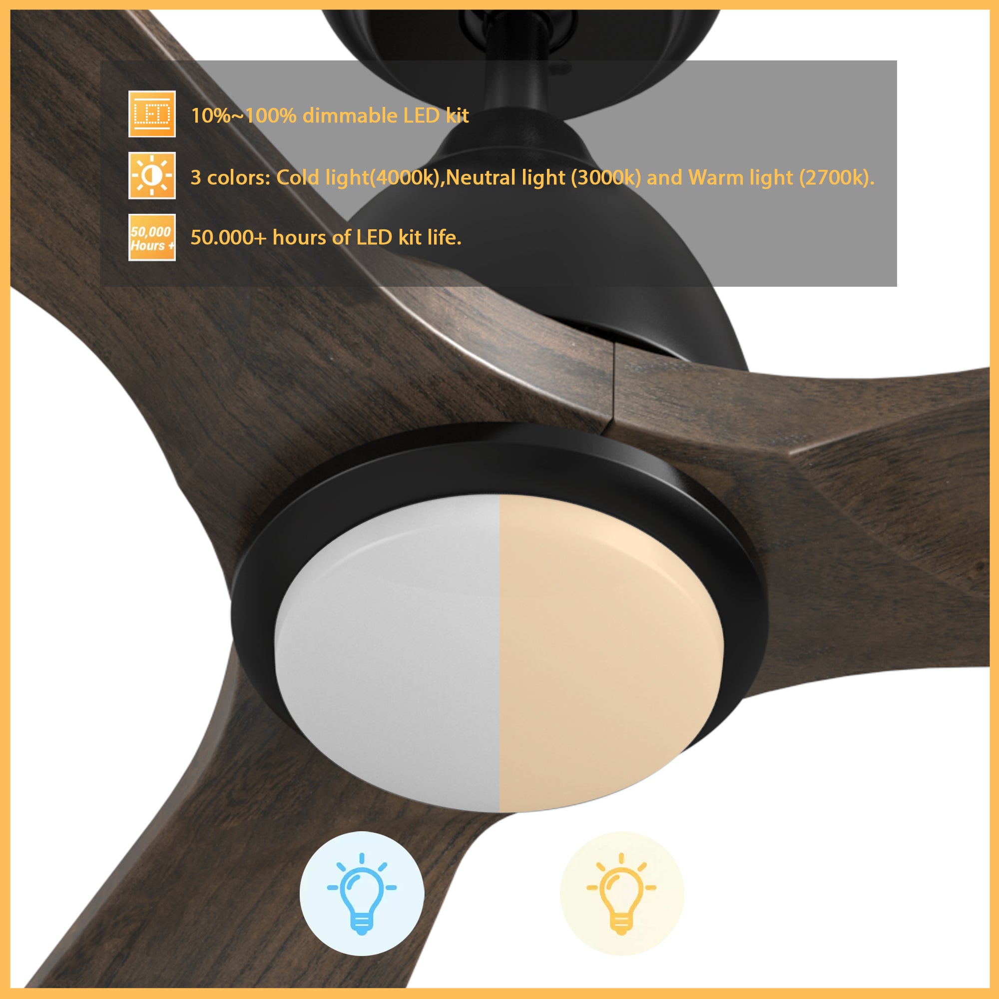 This Sawyer 48'' smart ceiling fan keeps your space cool, bright, and stylish. It is a soft modern masterpiece perfect for your large indoor living spaces. This Wifi smart ceiling fan is a simplicity designing with Black finish, use elegant Solid Wood blades and has an integrated 4000K LED daylight. The fan features Remote control, Wi-Fi apps, Siri Shortcut and Voice control technology (compatible with Amazon Alexa and Google Home Assistant ) to set fan preferences. #color_solid-wood