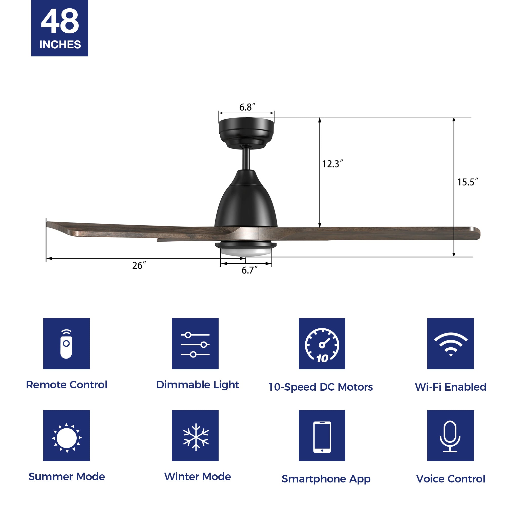 This Sawyer 48'' smart ceiling fan keeps your space cool, bright, and stylish. It is a soft modern masterpiece perfect for your large indoor living spaces. This Wifi smart ceiling fan is a simplicity designing with Black finish, use elegant Solid Wood blades and has an integrated 4000K LED daylight. The fan features Remote control, Wi-Fi apps, Siri Shortcut and Voice control technology (compatible with Amazon Alexa and Google Home Assistant ) to set fan preferences. #color_solid-wood