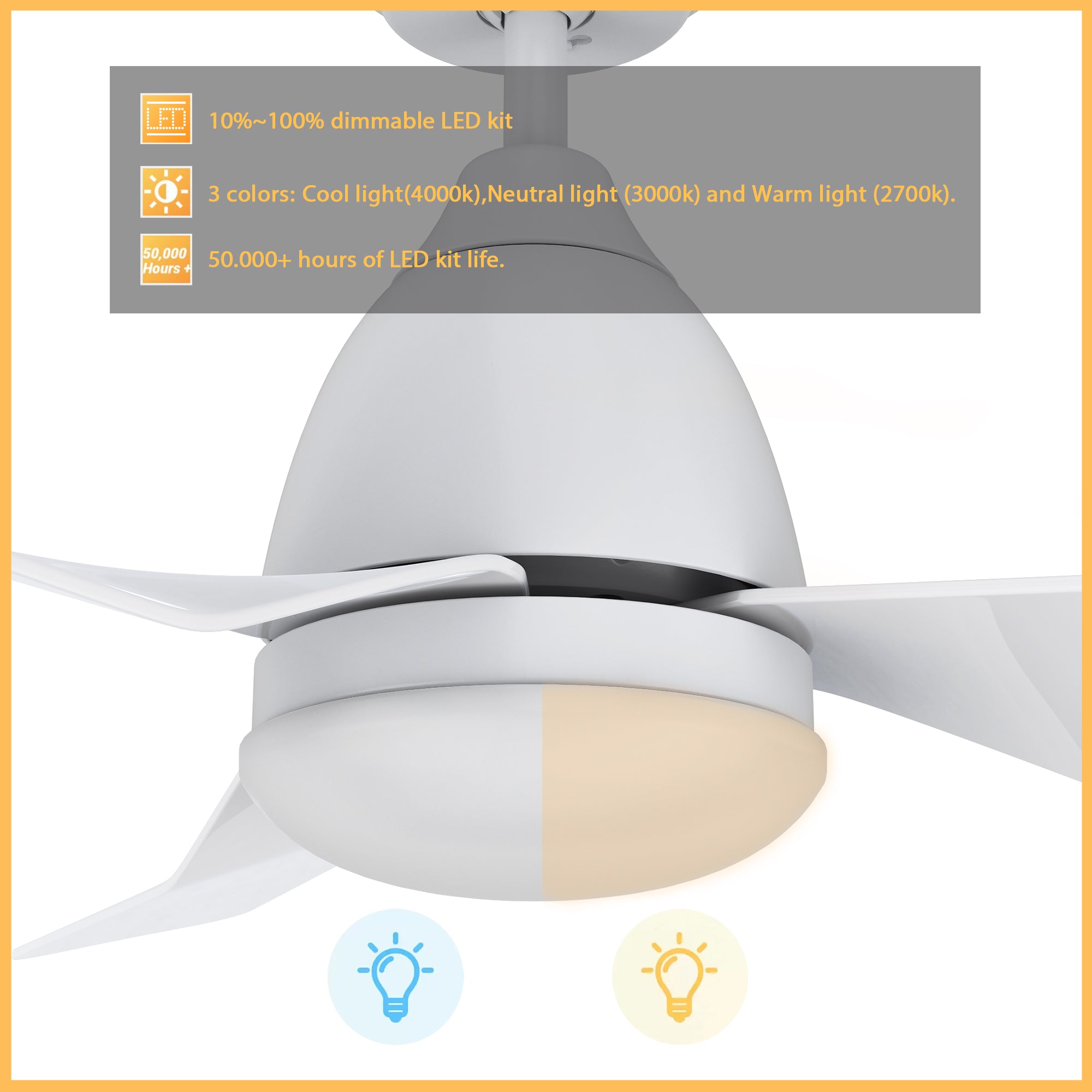 This Silas 44&#39;&#39; smart ceiling fan keeps your space cool, bright, and stylish. It is a soft modern masterpiece perfect for your indoor living spaces. This Wifi smart ceiling fan is a simplicity designing with White finish, use very strong ABS blades and has an integrated 4000K LED cool light. The fan features Remote control, Wi-Fi apps, Siri Shortcut and Voice control technology (compatible with Amazon Alexa and Google Home Assistant ) to set fan preferences.