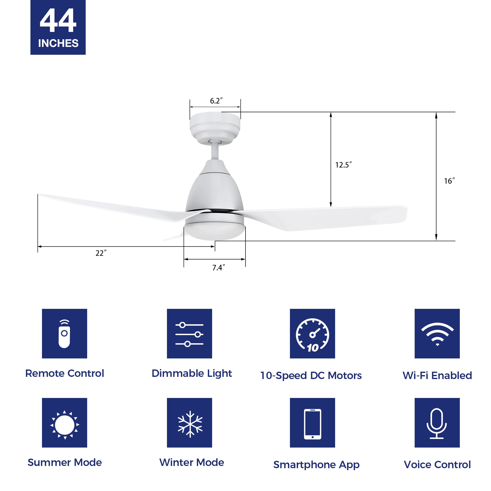 This Silas 44&#39;&#39; smart ceiling fan keeps your space cool, bright, and stylish. It is a soft modern masterpiece perfect for your indoor living spaces. This Wifi smart ceiling fan is a simplicity designing with White finish, use very strong ABS blades and has an integrated 4000K LED cool light. The fan features Remote control, Wi-Fi apps, Siri Shortcut and Voice control technology (compatible with Amazon Alexa and Google Home Assistant ) to set fan preferences.