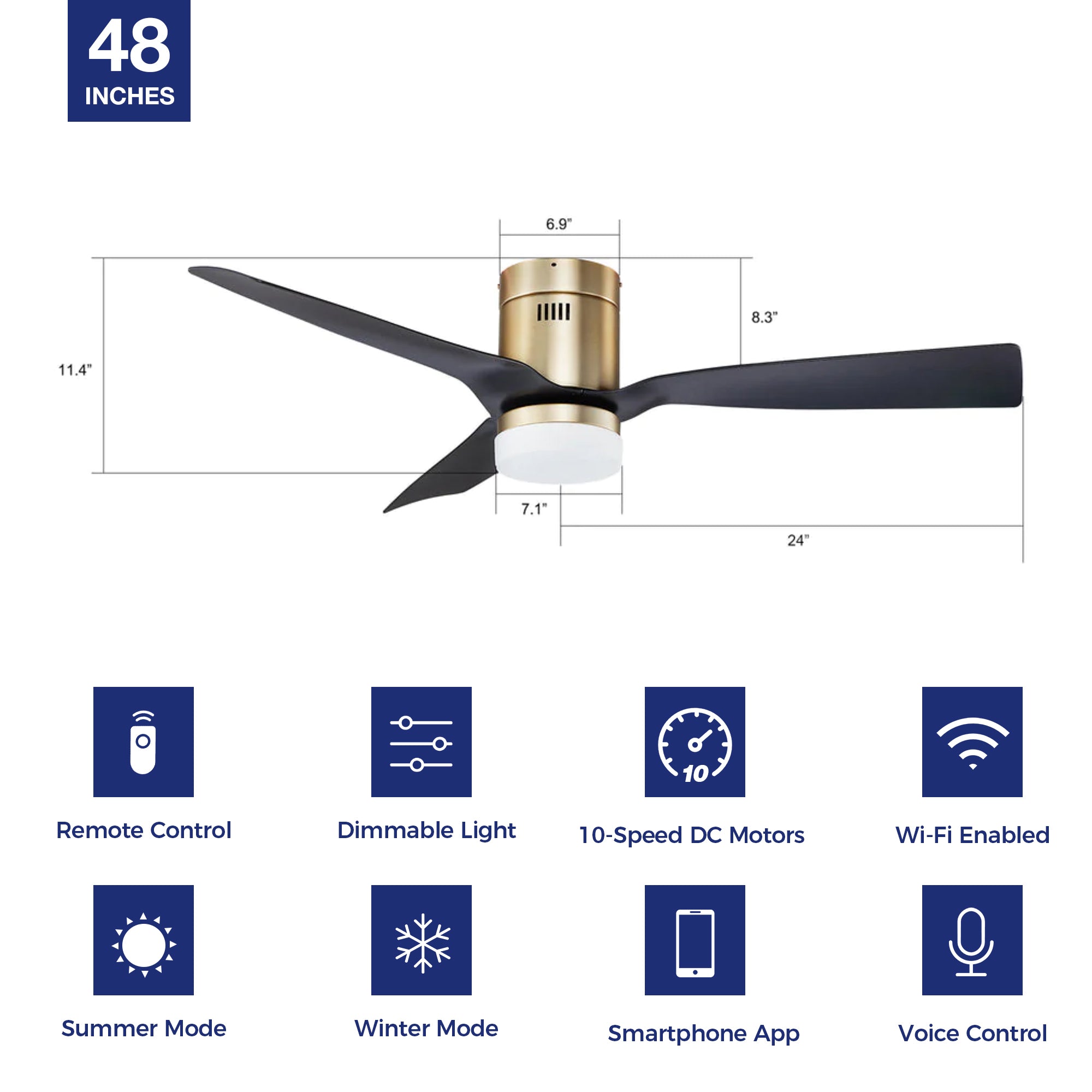 This Smafan Striver 48'' smart ceiling fan features with Remote control, Wi-Fi apps Amazon Alexa and Google Assistant.It is modern,elegant and energy efficient.Perfect for your both indoor and outdoor spaces. #color_black-gold