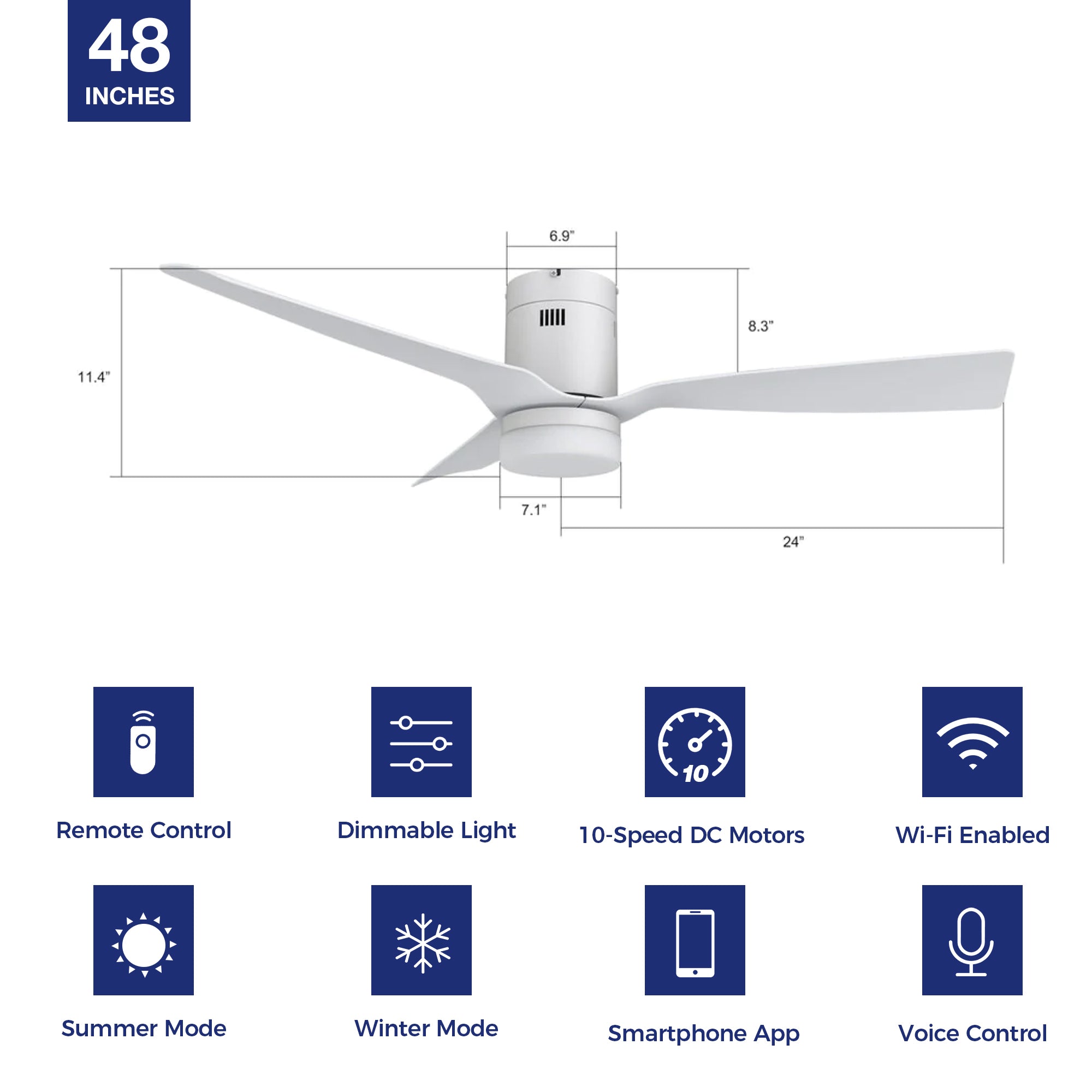 This Striver 48'' smart WiFi ceiling fan compatible with Wi-Fi apps and Voice control, via Google Assistant, Amazon Alexa and Siri Shortcut. Includes integrated LED light kit with warm light and day light, offers lower energy consumption and a longer life span. #color_white