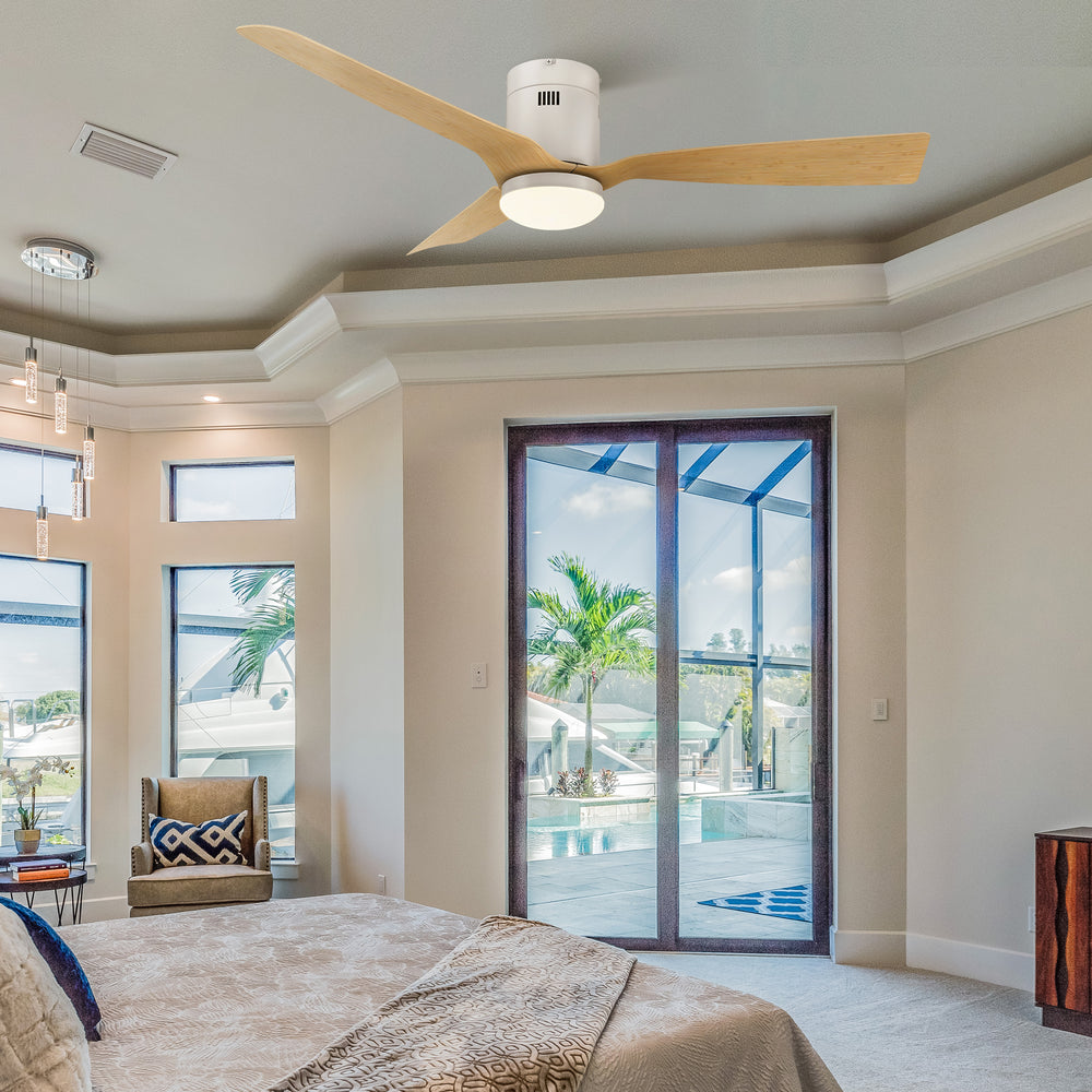 This Striver 52&#39;&#39; smart ceiling fan keeps your space cool, bright, and stylish. It is a soft modern masterpiece perfect for your large indoor living spaces. This Wifi smart ceiling fan is a simplicity designing with White finish, use elegant Bamboo wood blades and has an integrated 4000K LED daylight. The fan features Remote control, Wi-Fi apps and Voice control technology (compatible with Amazon Alexa and Google Home Assistant, but not included) to set fan preferences. 