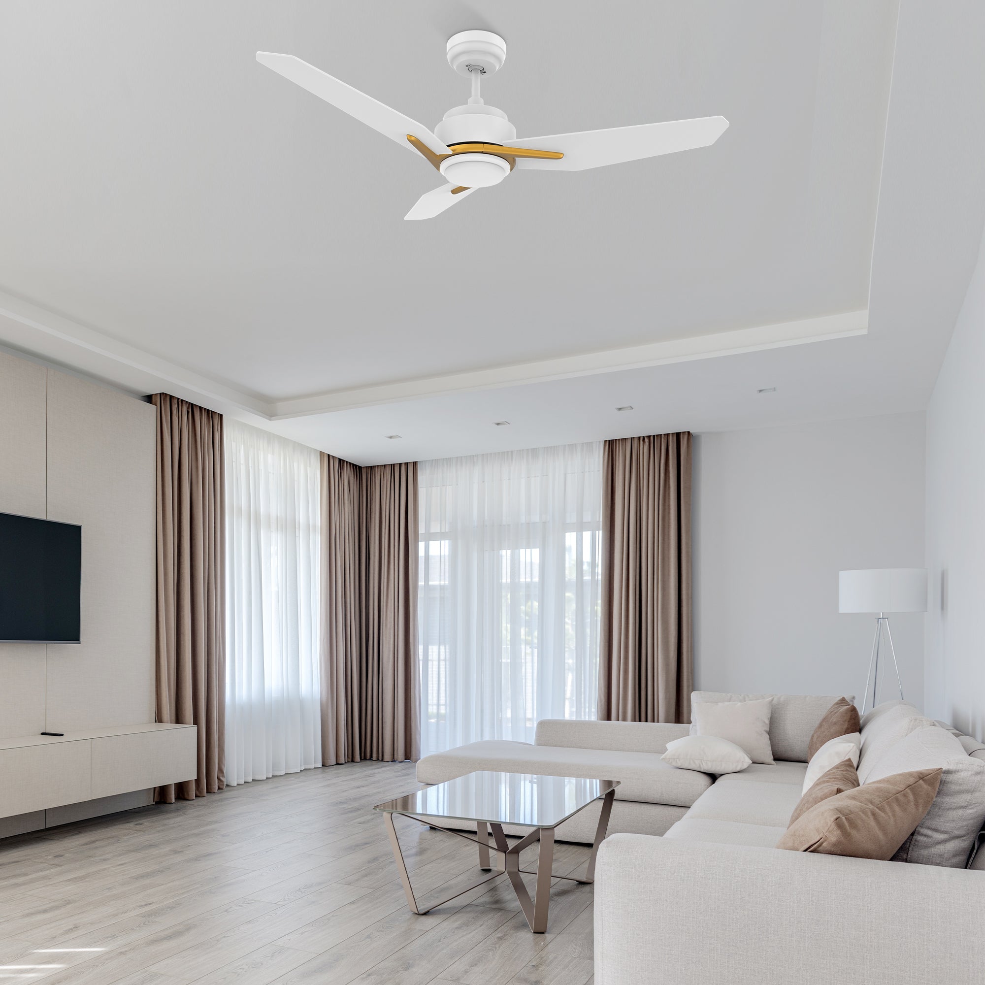 This Tilbury 48'' smart ceiling fan keeps your space cool, bright, and stylish. It is a soft modern masterpiece perfect for your large indoor living spaces. This Wifi smart ceiling fan is a simplicity designing with White finish, use elegant Plywood blades and has an integrated 4000K LED cool light. The fan features Remote control, Wi-Fi apps, Siri Shortcut and Voice control technology (compatible with Amazon Alexa and Google Home Assistant ) to set fan preferences.#color_white