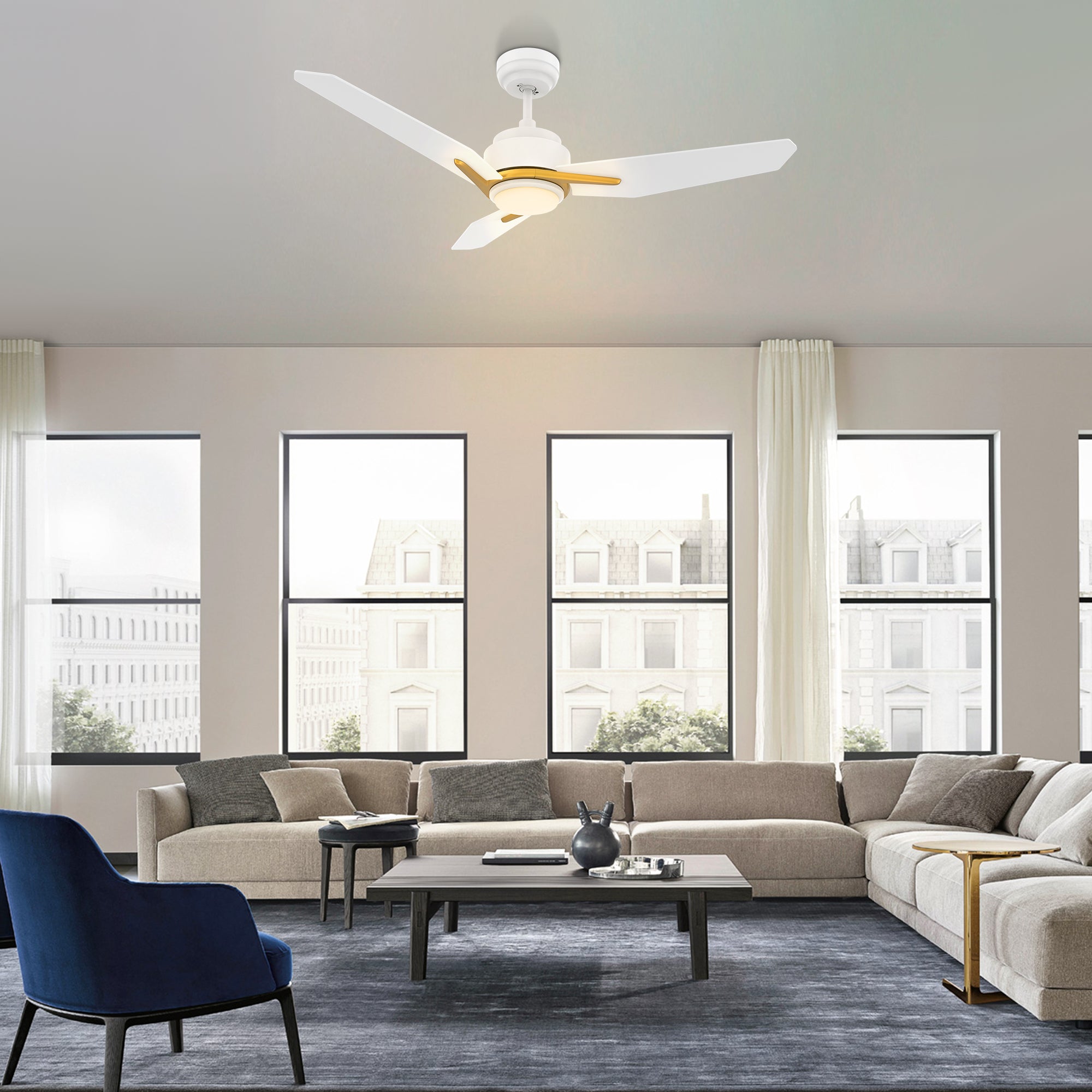 This Tilbury 52'' smart ceiling fan keeps your space cool, bright, and stylish. It is a soft modern masterpiece perfect for your large indoor living spaces. This Wifi smart ceiling fan is a simplicity designing with White finish, use elegant Plywood blades and has an integrated 4000K LED cool light. The fan features Remote control, Wi-Fi apps, Siri Shortcut and Voice control technology (compatible with Amazon Alexa and Google Home Assistant ) to set fan preferences.#color_White
