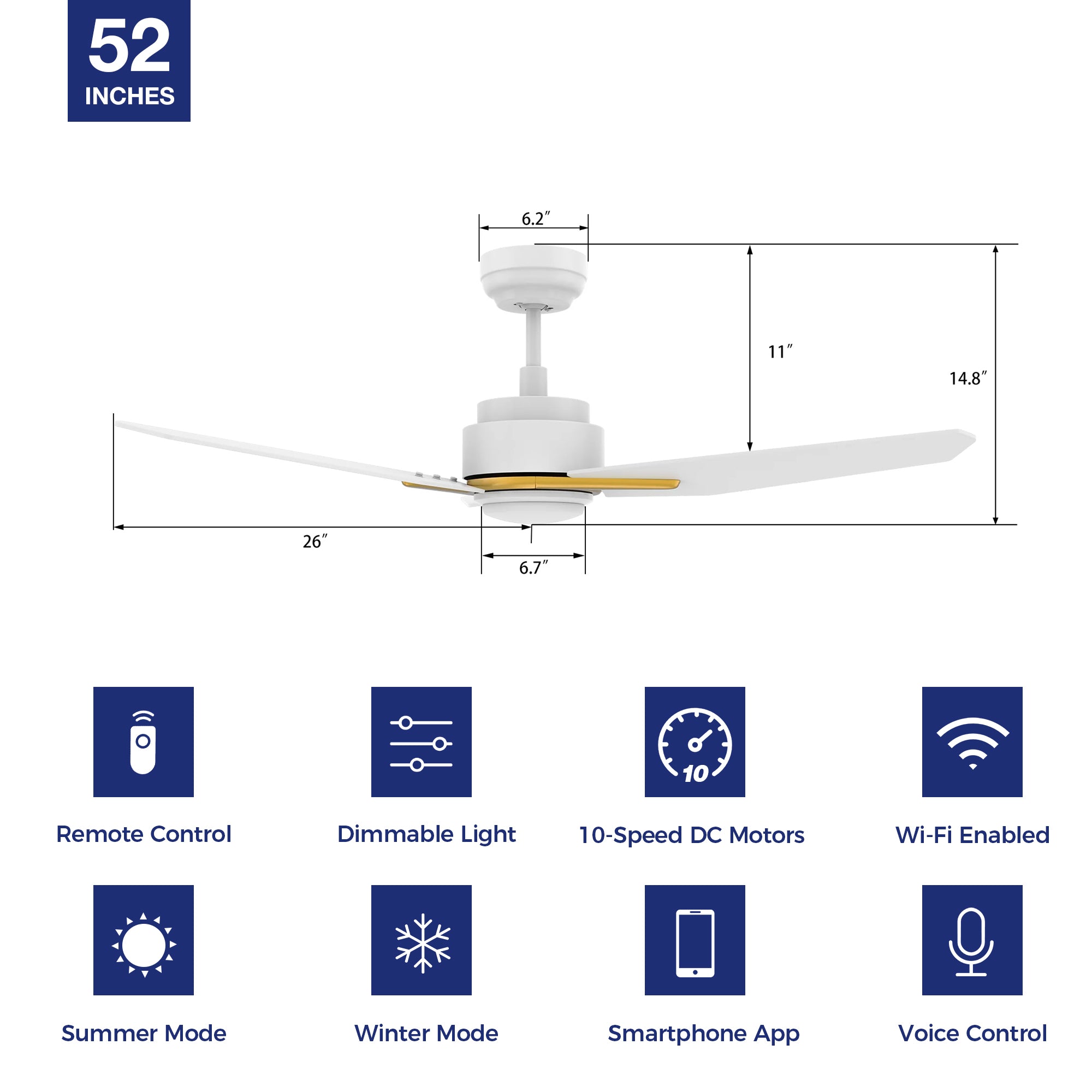 This Tilbury 52'' smart ceiling fan keeps your space cool, bright, and stylish. It is a soft modern masterpiece perfect for your large indoor living spaces. This Wifi smart ceiling fan is a simplicity designing with White finish, use elegant Plywood blades and has an integrated 4000K LED cool light. The fan features Remote control, Wi-Fi apps, Siri Shortcut and Voice control technology (compatible with Amazon Alexa and Google Home Assistant ) to set fan preferences.#color_white