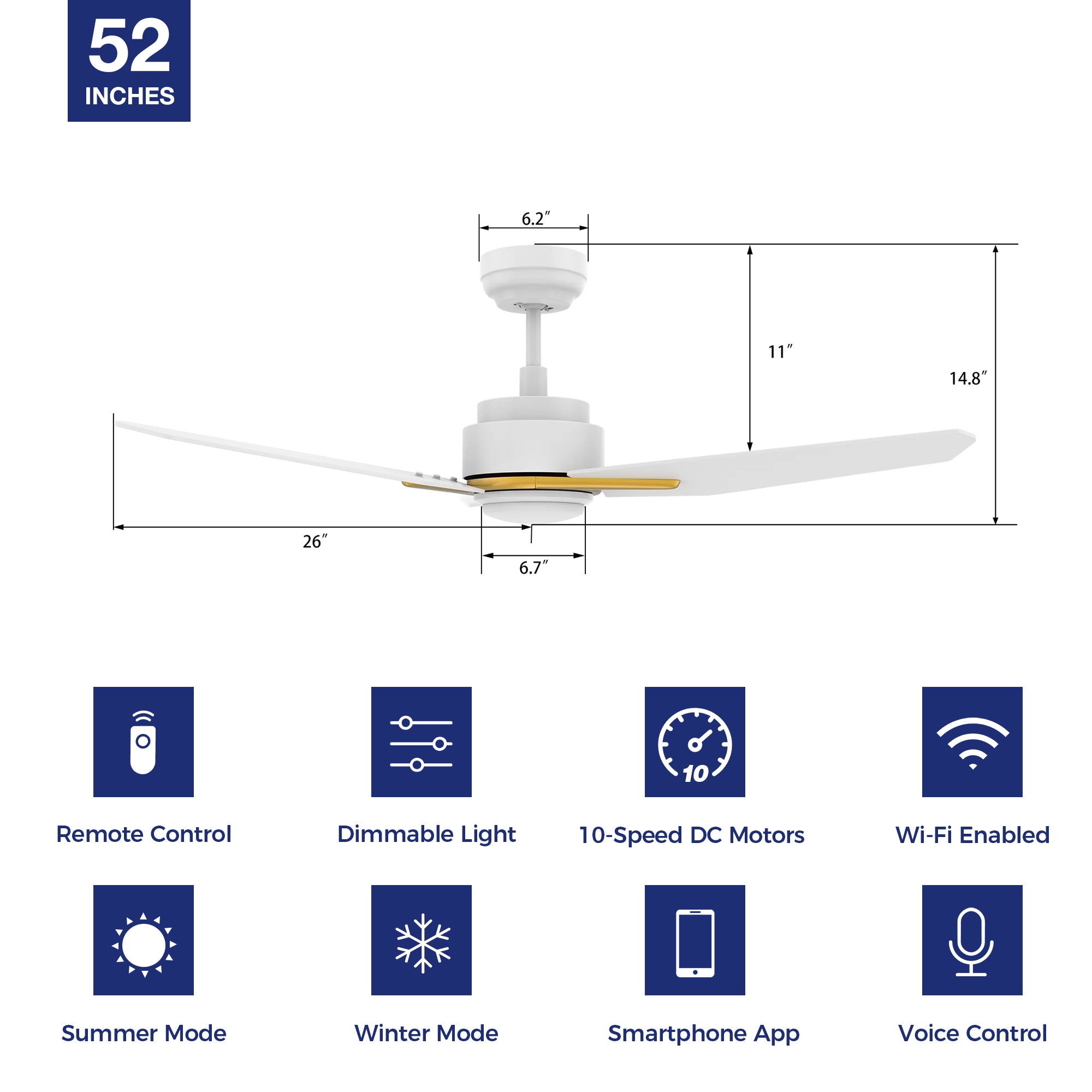 This Tilbury 52&#39;&#39; smart ceiling fan keeps your space cool, bright, and stylish. It is a soft modern masterpiece perfect for your large indoor living spaces. This Wifi smart ceiling fan is a simplicity designing with White finish, use elegant Plywood blades and has an integrated 4000K LED cool light. The fan features Remote control, Wi-Fi apps, Siri Shortcut and Voice control technology (compatible with Amazon Alexa and Google Home Assistant ) to set fan preferences.