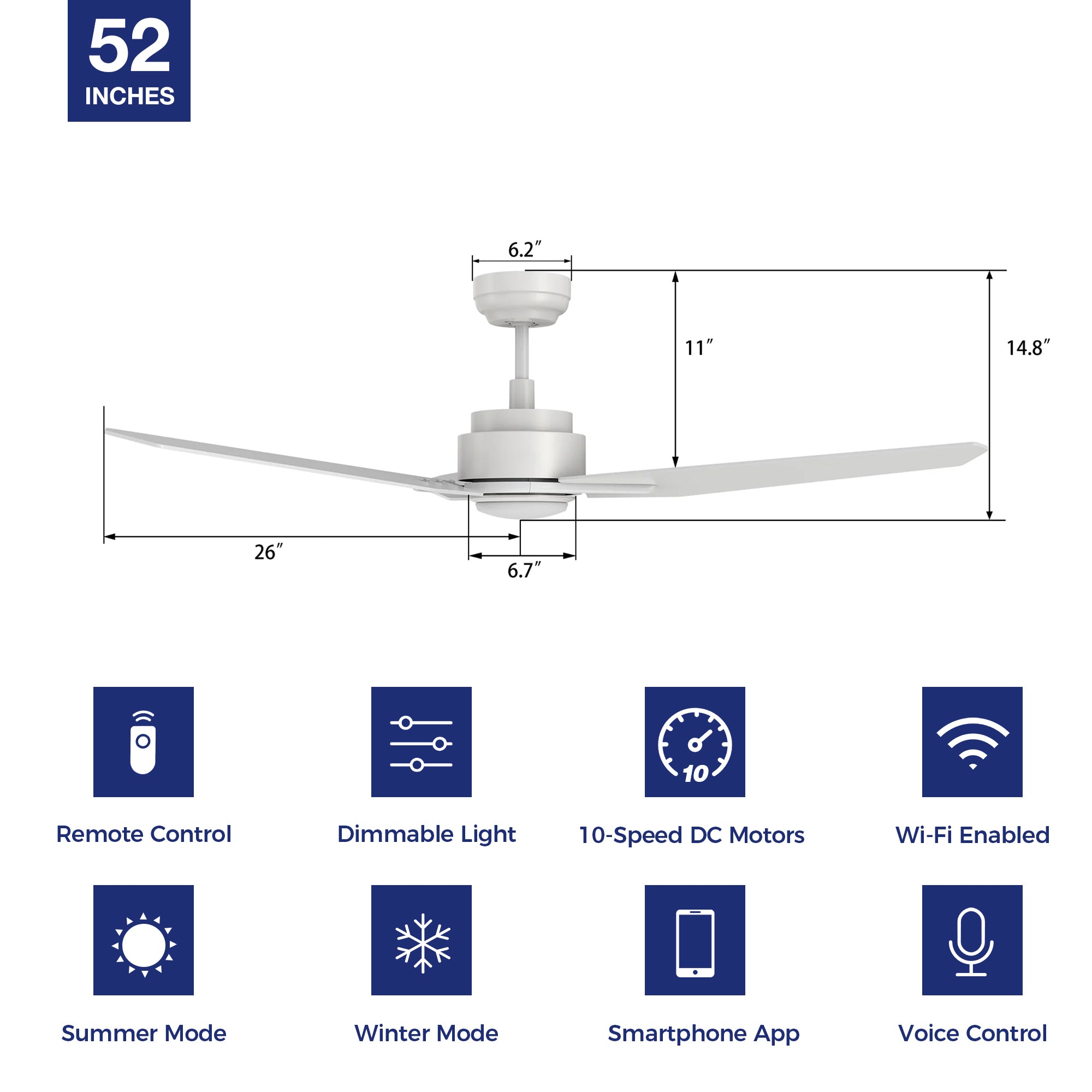 This Tilbury 52'' smart ceiling fan keeps your space cool, bright, and stylish. It is a soft modern masterpiece perfect for your large indoor living spaces. This Wifi smart ceiling fan is a simplicity designing with White finish, use elegant Plywood blades and has an integrated 4000K LED cool light. The fan features Remote control, Wi-Fi apps, Siri Shortcut and Voice control technology (compatible with Amazon Alexa and Google Home Assistant ) to set fan preferences.#color_pure-white