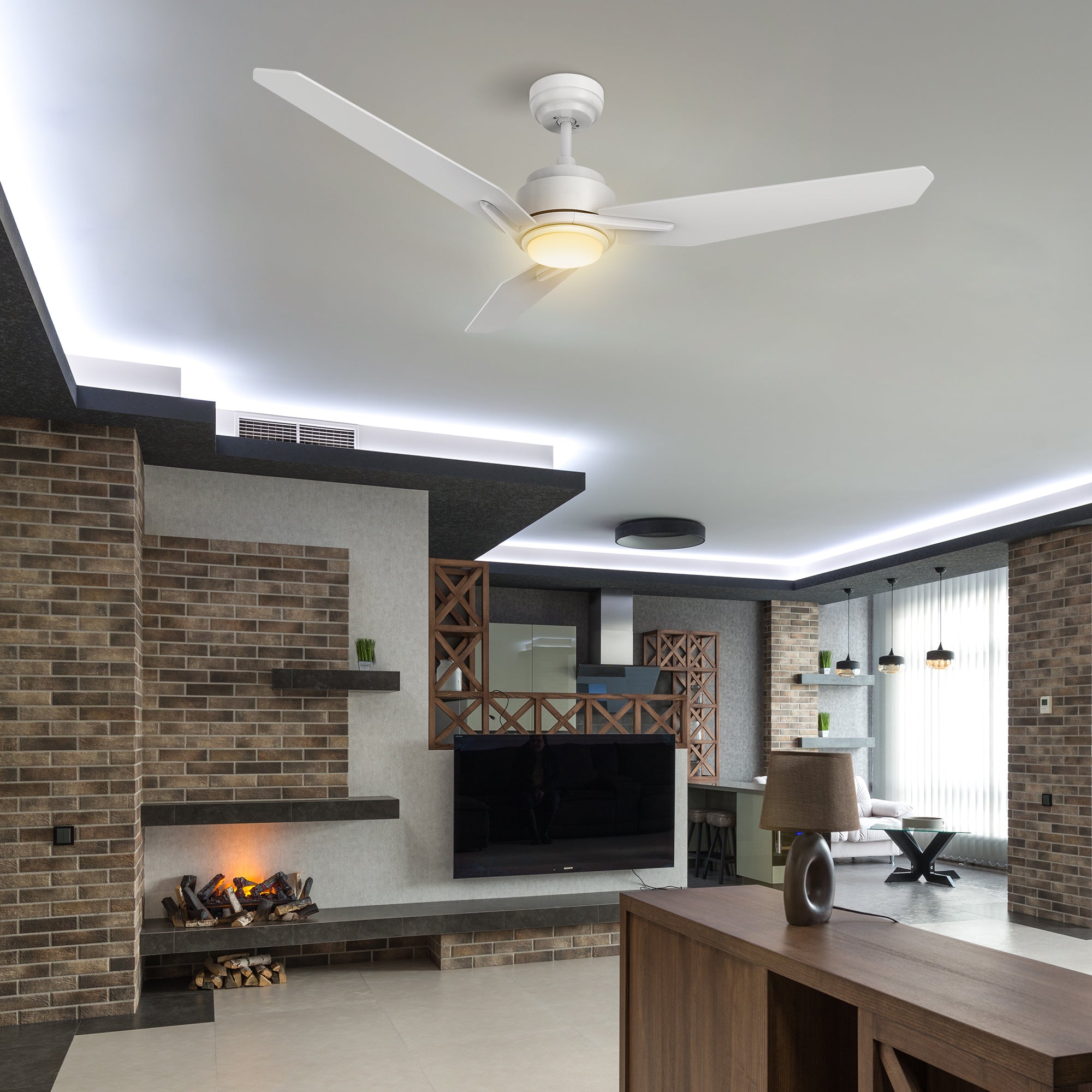 This Tilbury 56&#39;&#39; smart ceiling fan keeps your space cool, bright, and stylish. It is a soft modern masterpiece perfect for your large indoor living spaces. This Wifi smart ceiling fan is a simplicity designing with White finish, use elegant Plywood blades and has an integrated 4000K LED cool light. The fan features Remote control, Wi-Fi apps, Siri Shortcut and Voice control technology (compatible with Amazon Alexa and Google Home Assistant ) to set fan preferences.