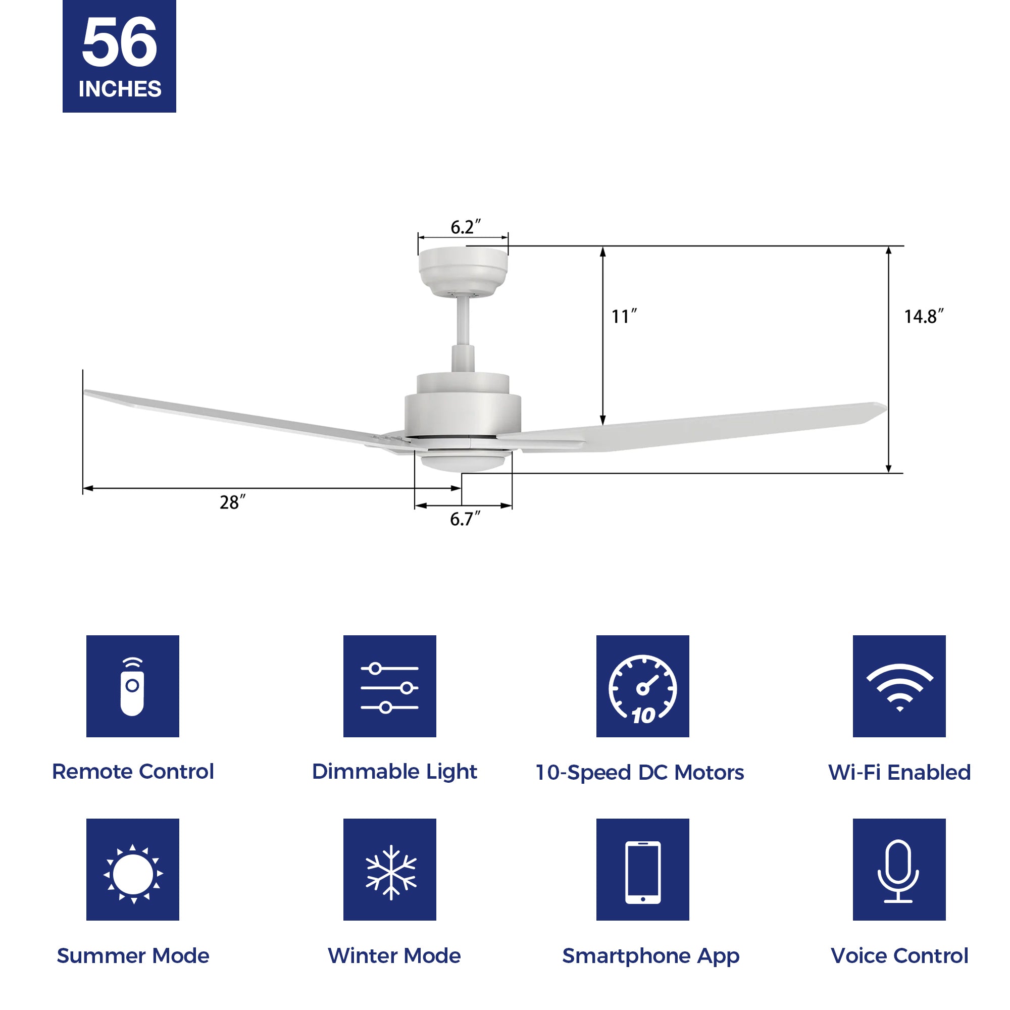 This Tilbury 56'' smart ceiling fan keeps your space cool, bright, and stylish. It is a soft modern masterpiece perfect for your large indoor living spaces. This Wifi smart ceiling fan is a simplicity designing with White finish, use elegant Plywood blades and has an integrated 4000K LED cool light. The fan features Remote control, Wi-Fi apps, Siri Shortcut and Voice control technology (compatible with Amazon Alexa and Google Home Assistant ) to set fan preferences.#color_Pure-White
