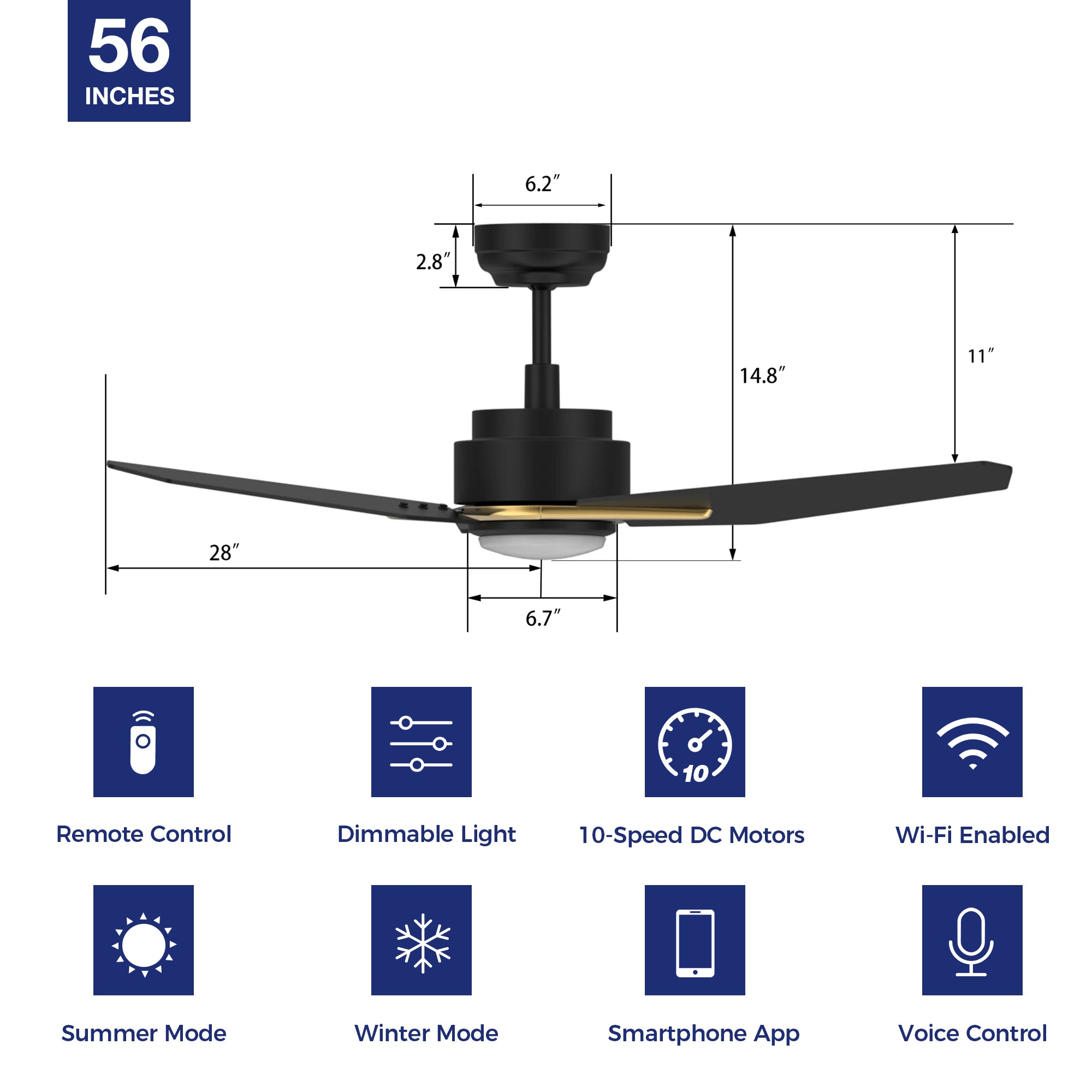 This Tilbury 56'' smart ceiling fan keeps your space cool, bright, and stylish. It is a soft modern masterpiece perfect for your large indoor living spaces. This Wifi smart ceiling fan is a simplicity designing with Black finish, use elegant Plywood blades and has an integrated 4000K LED cool light. The fan features Remote control, Wi-Fi apps, Siri Shortcut and Voice control technology (compatible with Amazon Alexa and Google Home Assistant ) to set fan preferences.#color_black