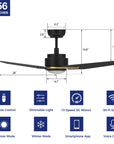 This Tilbury 56'' smart ceiling fan keeps your space cool, bright, and stylish. It is a soft modern masterpiece perfect for your large indoor living spaces. This Wifi smart ceiling fan is a simplicity designing with Black finish, use elegant Plywood blades and has an integrated 4000K LED cool light. The fan features Remote control, Wi-Fi apps, Siri Shortcut and Voice control technology (compatible with Amazon Alexa and Google Home Assistant ) to set fan preferences.