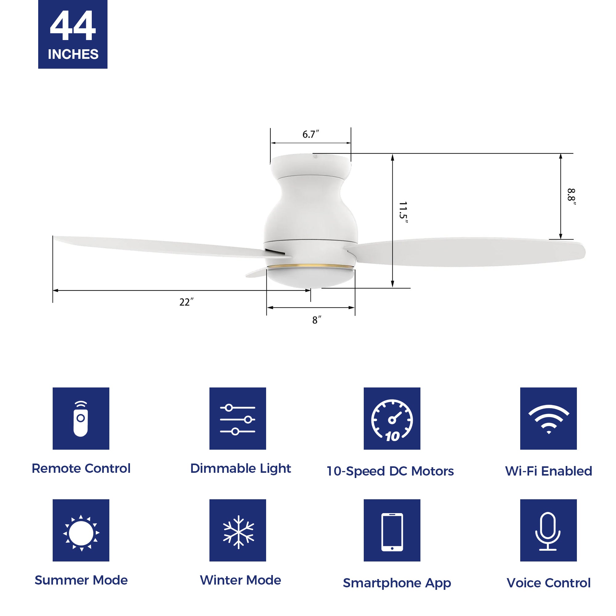 The Smafan 44'' Trendsetter smart ceiling fan keeps your space cool, bright, and stylish. It is a soft modern masterpiece perfect for your large indoor living spaces. This Wifi smart ceiling fan is a simplicity designing with Black finish, use elegant Plywood blades and has an integrated 4000K LED daylight. The fan features Remote control, Wi-Fi apps, Siri Shortcut and Voice control technology (compatible with Amazon Alexa and Google Home Assistant ) to set fan preferences.#color_white