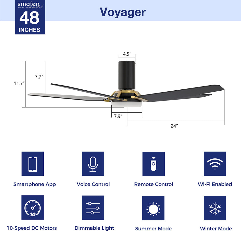 This Voyager 48&#39;&#39; smart ceiling fan keeps your space cool, bright, and stylish. It is a soft modern masterpiece perfect for your large indoor living spaces. This Wifi smart ceiling fan is a simplicity designing with Black finish, use elegant Plywood blades, Glass shade and has an integrated 4000K LED cool light. The fan features Remote control, Wi-Fi apps, Siri Shortcut and Voice control technology (compatible with Amazon Alexa and Google Home Assistant ) to set fan preferences.