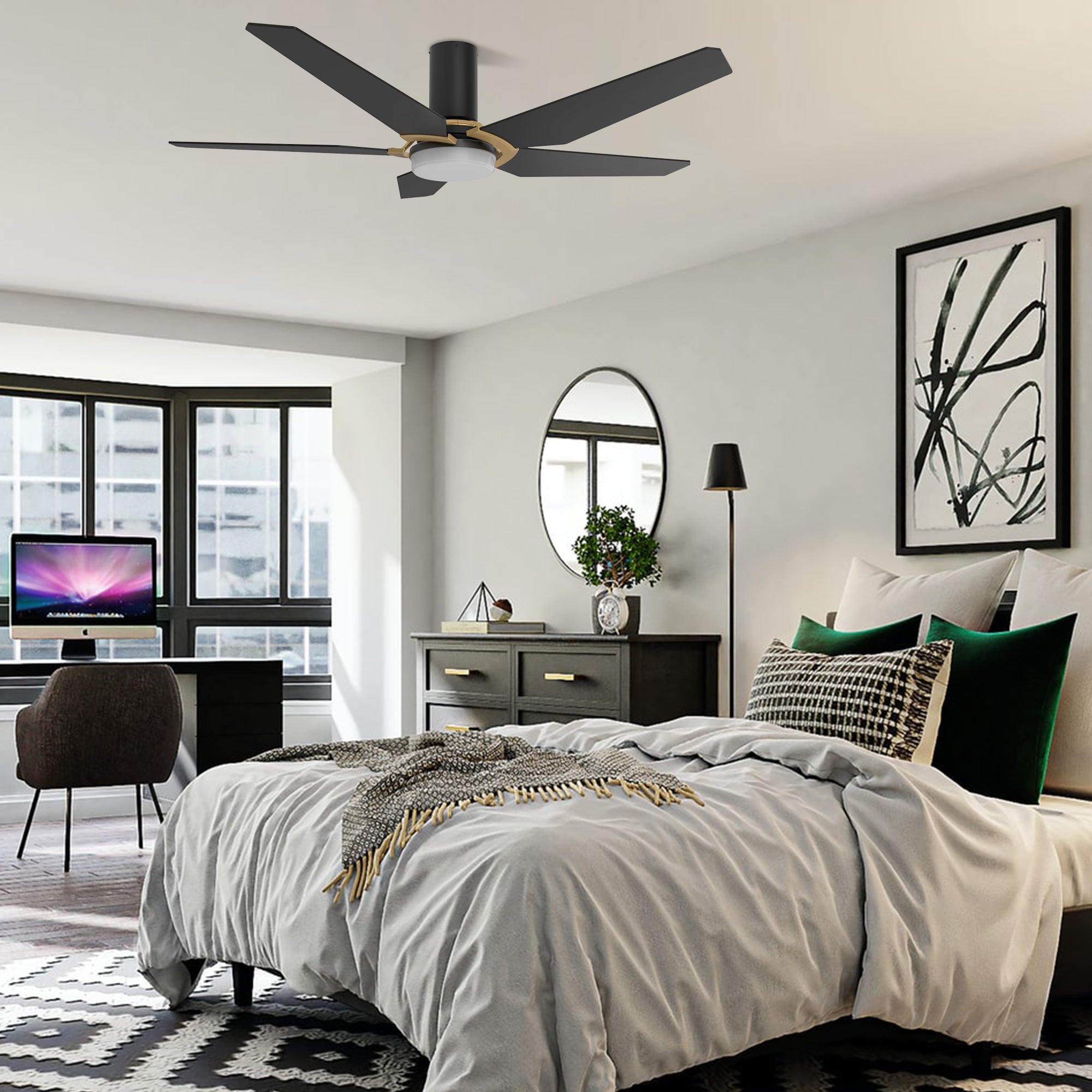 This Voyager 52'' smart ceiling fan keeps your space cool, bright, and stylish. It is a soft modern masterpiece perfect for your large indoor living spaces. This Wifi smart ceiling fan is a simplicity designing with Black finish, use elegant Plywood blades, Glass shade and has an integrated 4000K LED daylight. The fan features Remote control, Wi-Fi apps, Siri Shortcut and Voice control technology (compatible with Amazon Alexa and Google Home Assistant ) to set fan preferences.#color_Black&Gold