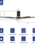 This Voyager 52'' smart ceiling fan keeps your space cool, bright, and stylish. It is a soft modern masterpiece perfect for your large indoor living spaces. This Wifi smart ceiling fan is a simplicity designing with Black finish, use elegant Plywood blades, Glass shade and has an integrated 4000K LED daylight. The fan features Remote control, Wi-Fi apps, Siri Shortcut and Voice control technology (compatible with Amazon Alexa and Google Home Assistant ) to set fan preferences.