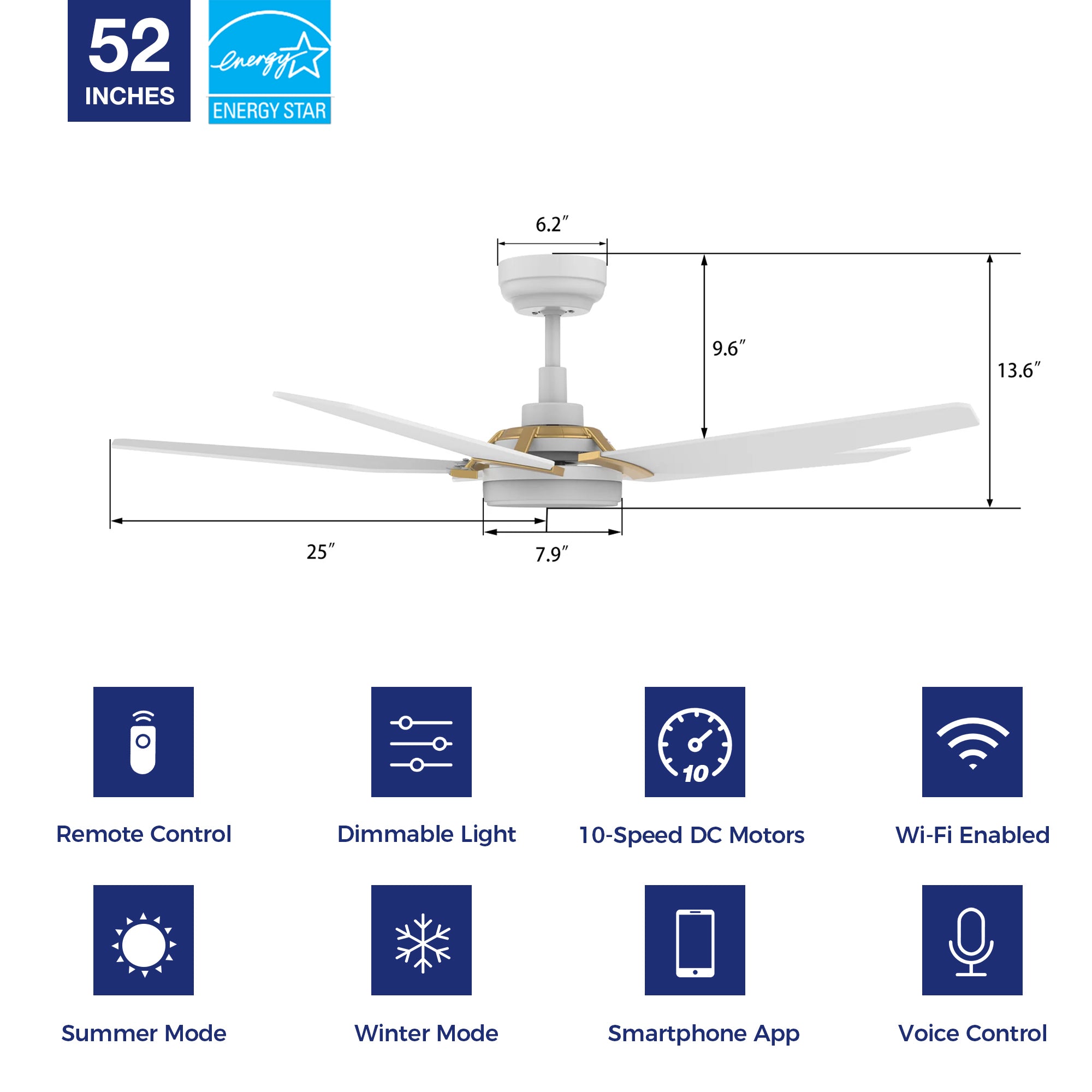 This Voyager 52'' smart ceiling fan keeps your space cool, bright, and stylish. It is a soft modern masterpiece perfect for your large indoor living spaces. This Wifi smart ceiling fan is a simplicity designing with White finish, use elegant Plywood blades, Glass shade and has an integrated 4000K LED daylight. The fan features Remote control, Wi-Fi apps, Siri Shortcut and Voice control technology (compatible with Amazon Alexa and Google Home Assistant ) to set fan preferences.#color_white-gold