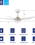 This Voyager 52'' smart ceiling fan keeps your space cool, bright, and stylish. It is a soft modern masterpiece perfect for your large indoor living spaces. This Wifi smart ceiling fan is a simplicity designing with White finish, use elegant Plywood blades, Glass shade and has an integrated 4000K LED daylight. The fan features Remote control, Wi-Fi apps, Siri Shortcut and Voice control technology (compatible with Amazon Alexa and Google Home Assistant ) to set fan preferences.