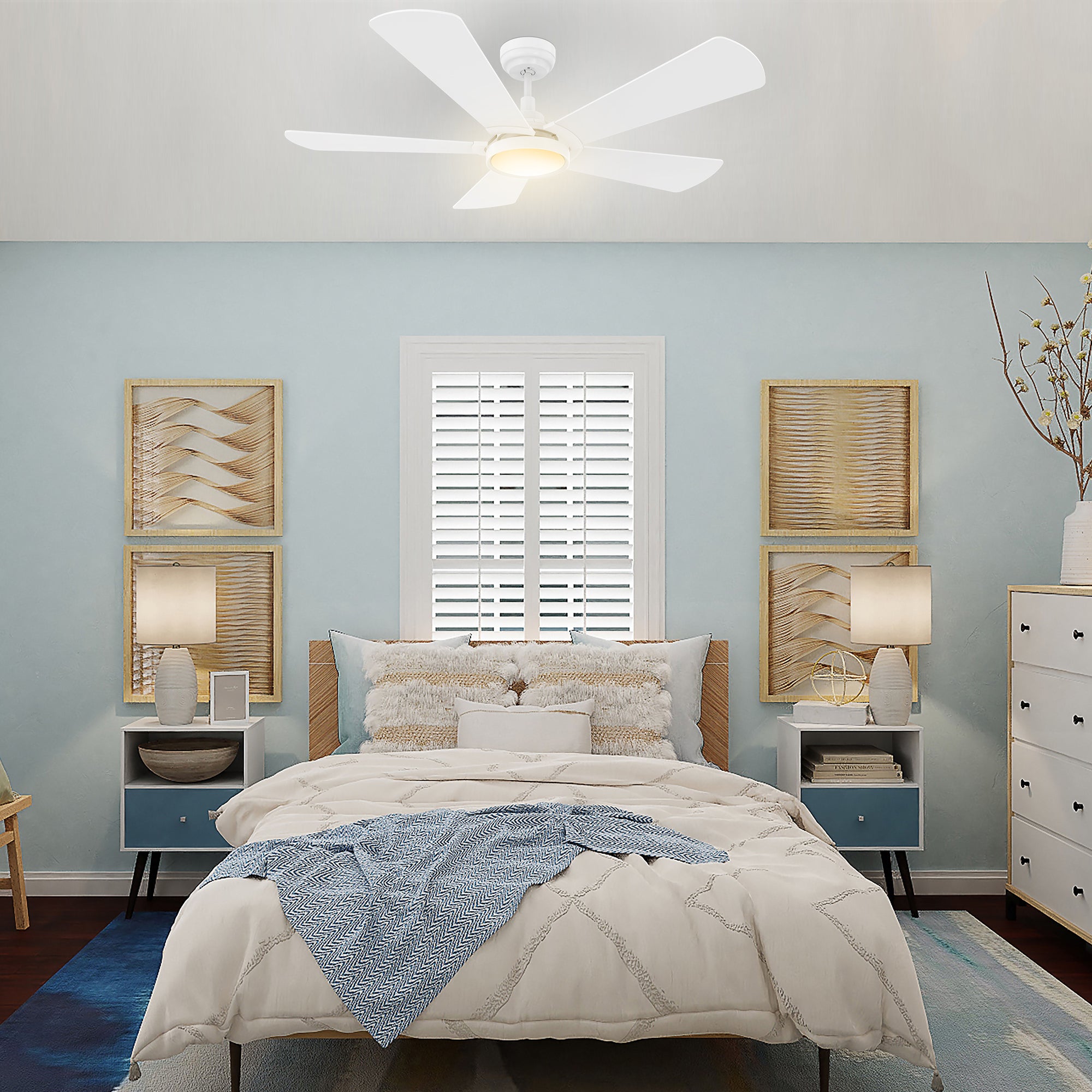 This Wilkes 52'' smart ceiling fan keeps your space cool, bright, and stylish. It is a soft modern masterpiece perfect for your large indoor living spaces. This Wifi smart ceiling fan is a simplicity designing with White finish, use elegant Plywood blades, Glass shade and has an integrated 4000K LED cool light. The fan features Remote control, Wi-Fi apps, Siri Shortcut and Voice control technology (compatible with Amazon Alexa and Google Home Assistant ) to set fan preferences.#color_white