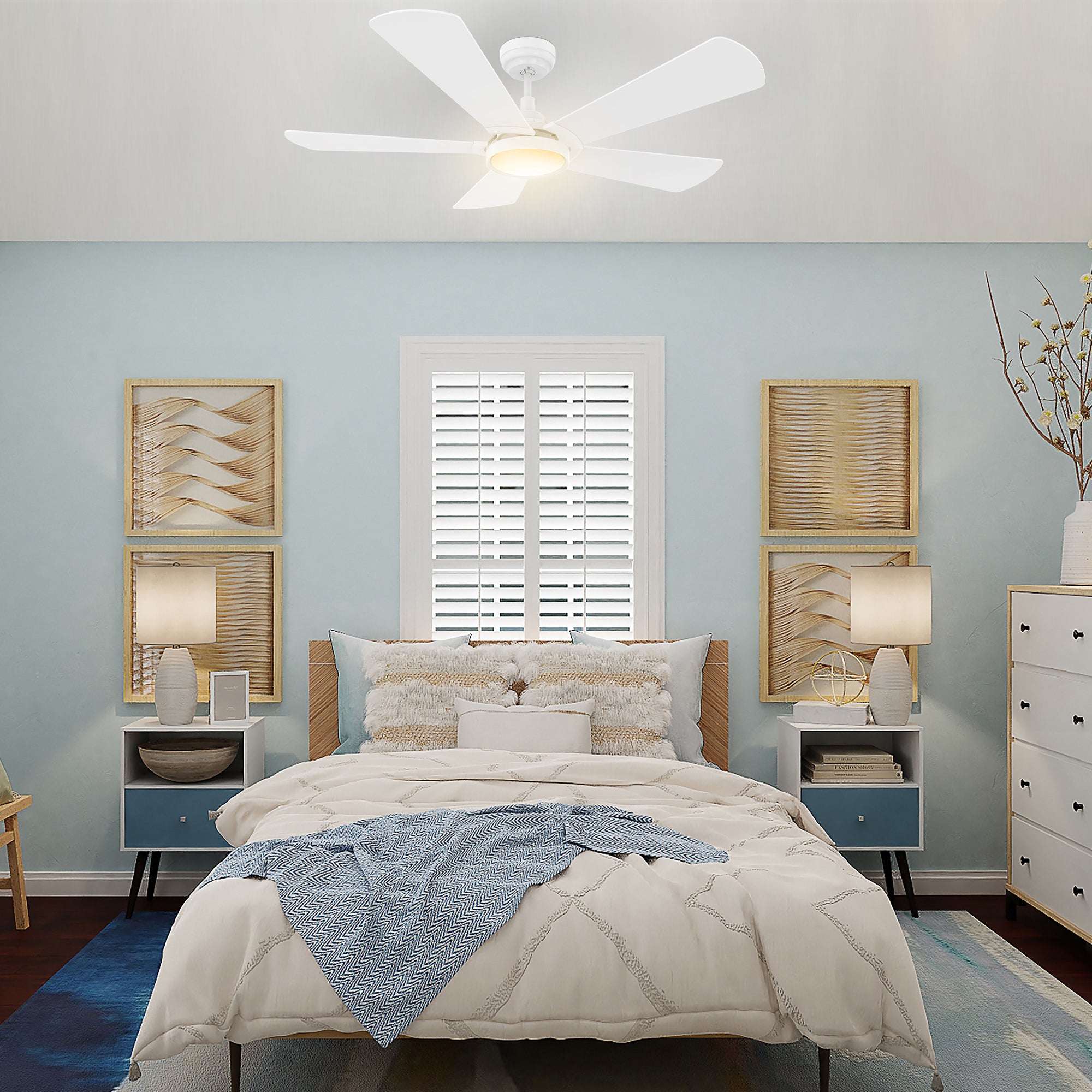 This Wilkes 52&#39;&#39; smart ceiling fan keeps your space cool, bright, and stylish. It is a soft modern masterpiece perfect for your large indoor living spaces. This Wifi smart ceiling fan is a simplicity designing with White finish, use elegant Plywood blades, Glass shade and has an integrated 4000K LED cool light. The fan features Remote control, Wi-Fi apps, Siri Shortcut and Voice control technology (compatible with Amazon Alexa and Google Home Assistant ) to set fan preferences.