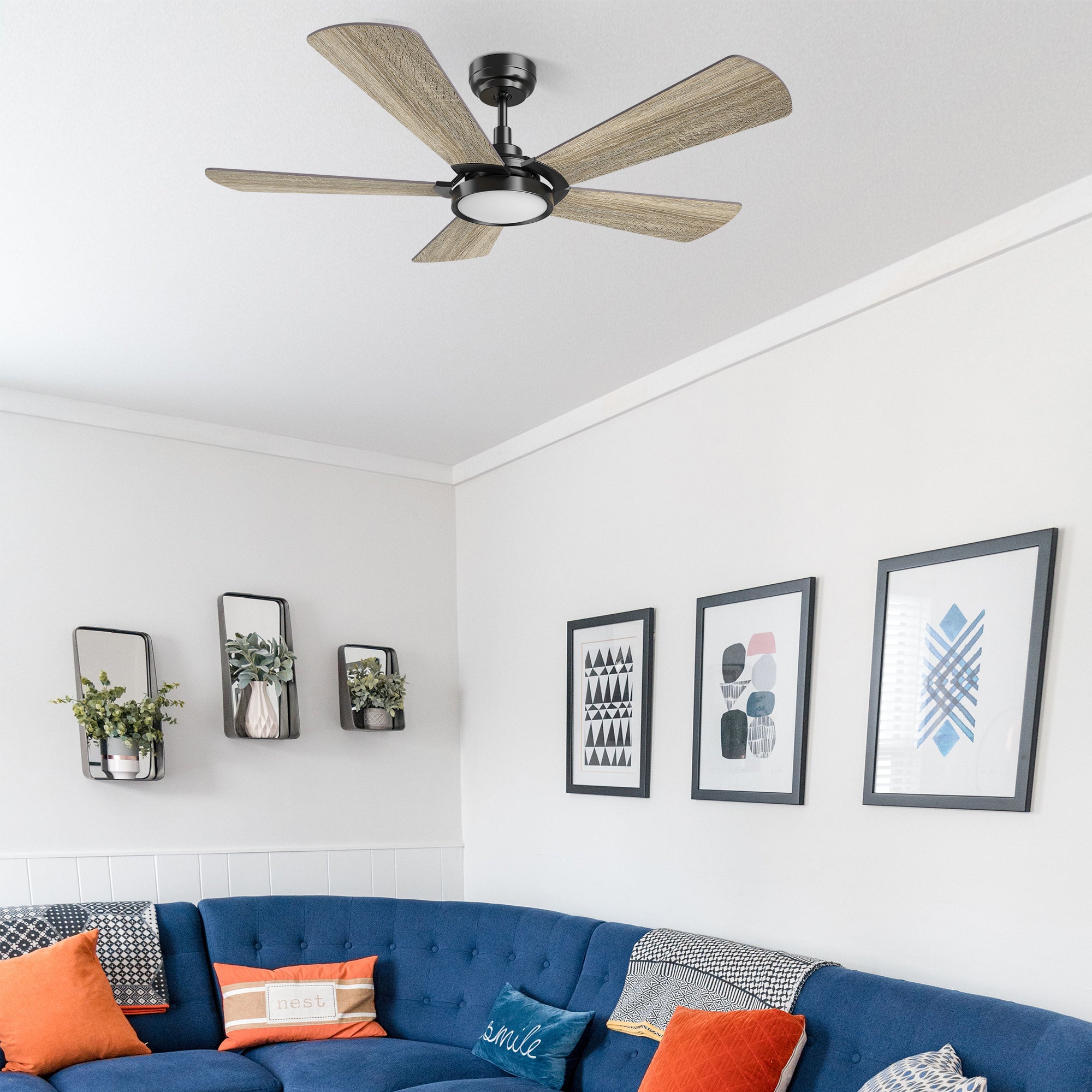 This Wilkes 52'' smart ceiling fan keeps your space cool, bright, and stylish. It is a soft modern masterpiece perfect for your large indoor living spaces. This Wifi smart ceiling fan is a simplicity designing with Black finish, use elegant Plywood blades, Glass shade and has an integrated 4000K LED cool light. The fan features Remote control, Wi-Fi apps, Siri Shortcut and Voice control technology (compatible with Amazon Alexa and Google Home Assistant ) to set fan preferences.#color_wood