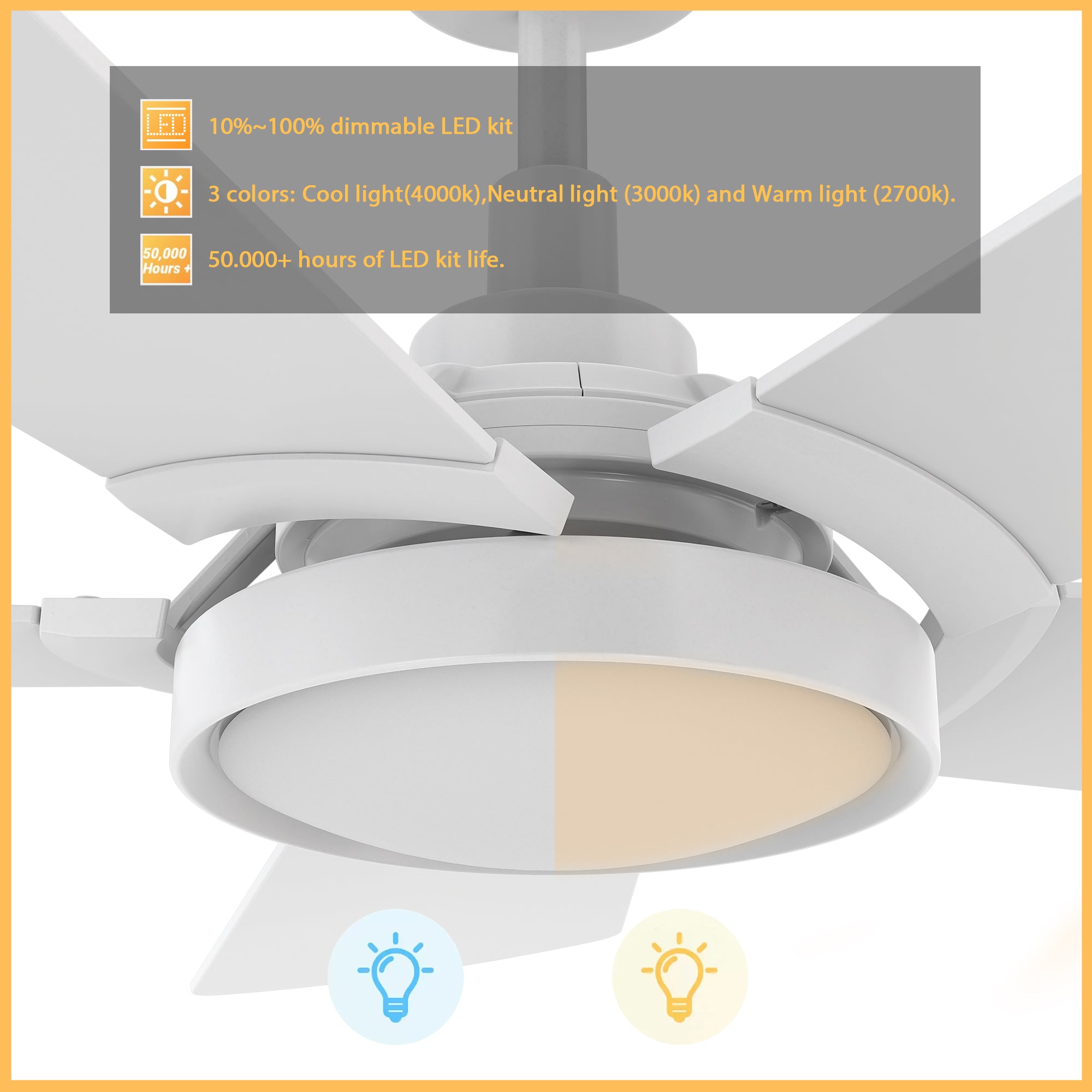 This Wilkes 52'' smart ceiling fan keeps your space cool, bright, and stylish. It is a soft modern masterpiece perfect for your large indoor living spaces. This Wifi smart ceiling fan is a simplicity designing with White finish, use elegant Plywood blades, Glass shade and has an integrated 4000K LED cool light. The fan features Remote control, Wi-Fi apps, Siri Shortcut and Voice control technology (compatible with Amazon Alexa and Google Home Assistant ) to set fan preferences.#color_white