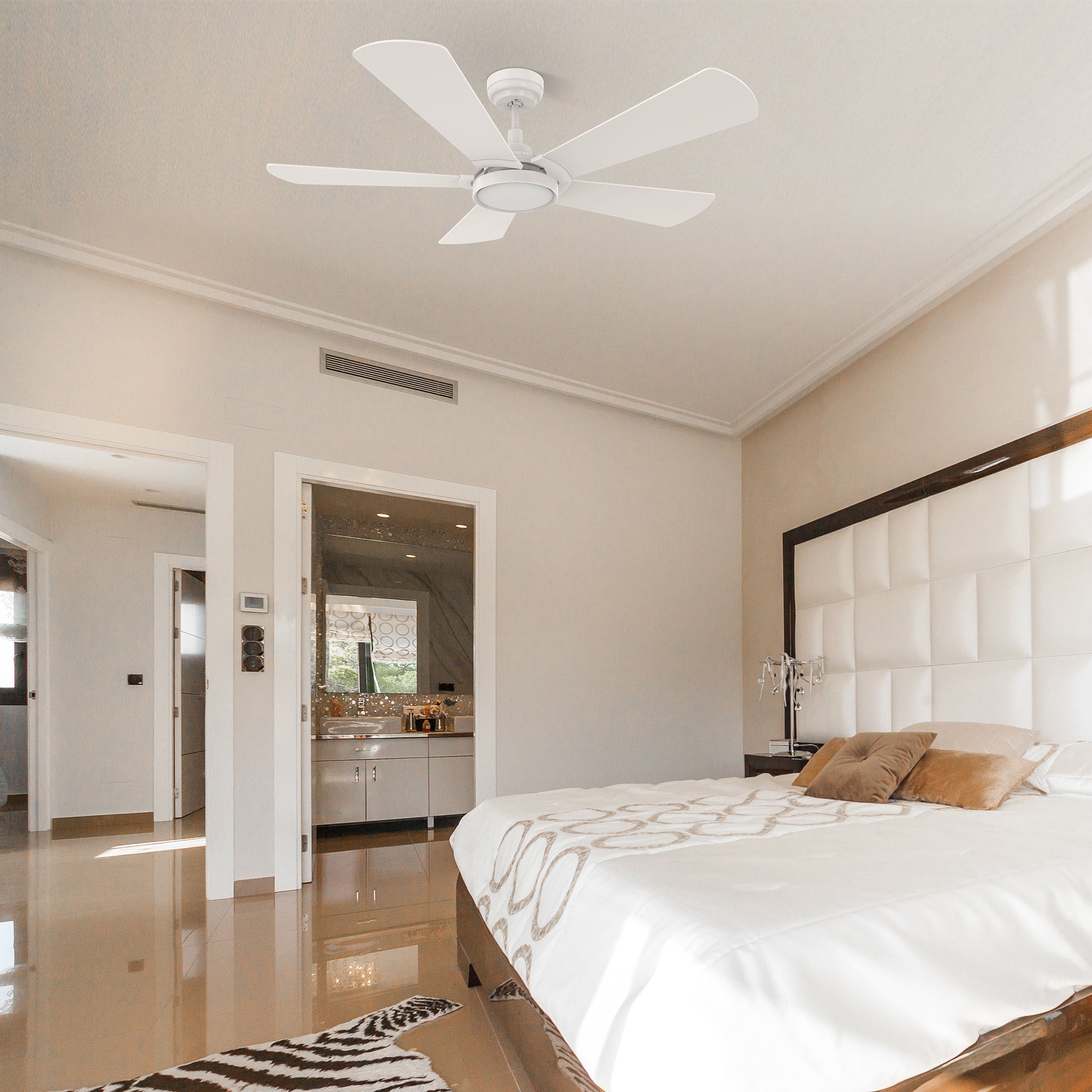 This Wilkes 52&#39;&#39; smart ceiling fan keeps your space cool, bright, and stylish. It is a soft modern masterpiece perfect for your large indoor living spaces. This Wifi smart ceiling fan is a simplicity designing with White finish, use elegant Plywood blades, Glass shade and has an integrated 4000K LED cool light. The fan features Remote control, Wi-Fi apps, Siri Shortcut and Voice control technology (compatible with Amazon Alexa and Google Home Assistant ) to set fan preferences.