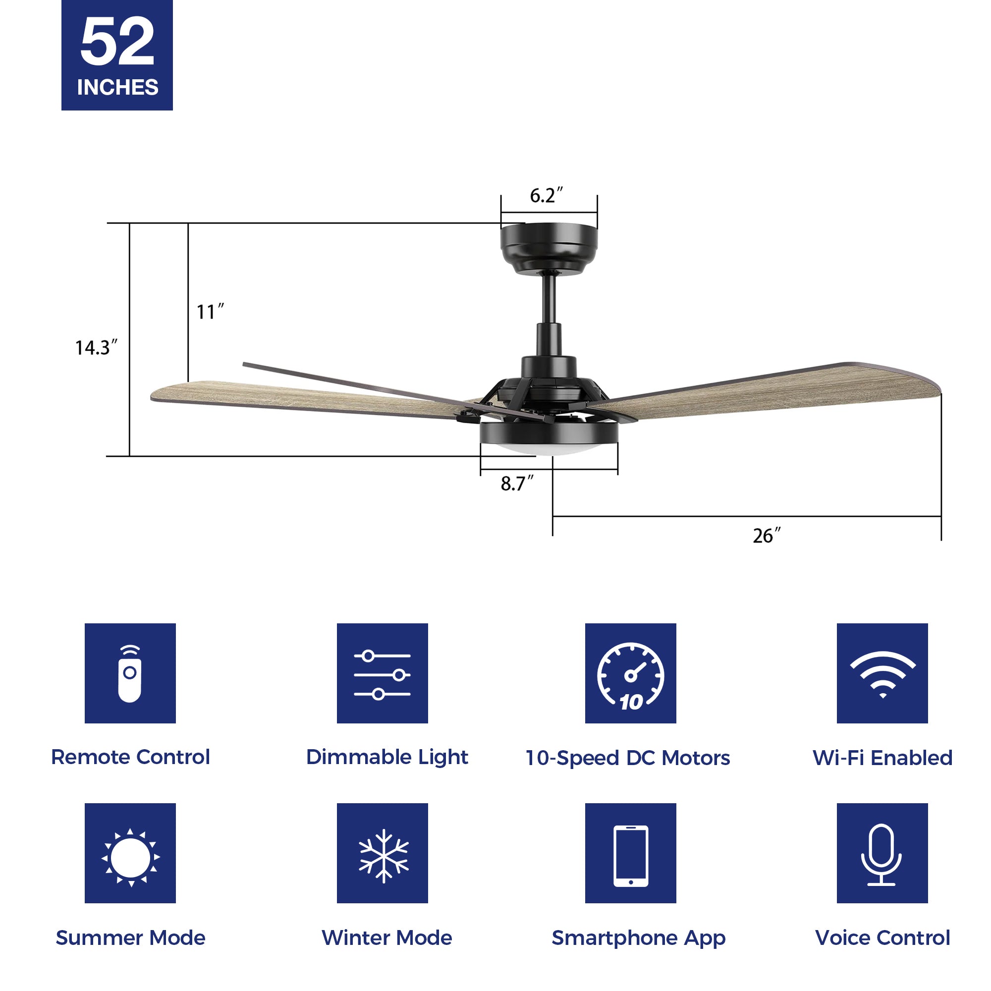 This Wilkes 52'' smart ceiling fan keeps your space cool, bright, and stylish. It is a soft modern masterpiece perfect for your large indoor living spaces. This Wifi smart ceiling fan is a simplicity designing with Black finish, use elegant Plywood blades, Glass shade and has an integrated 4000K LED cool light. The fan features Remote control, Wi-Fi apps, Siri Shortcut and Voice control technology (compatible with Amazon Alexa and Google Home Assistant ) to set fan preferences.#color_wood